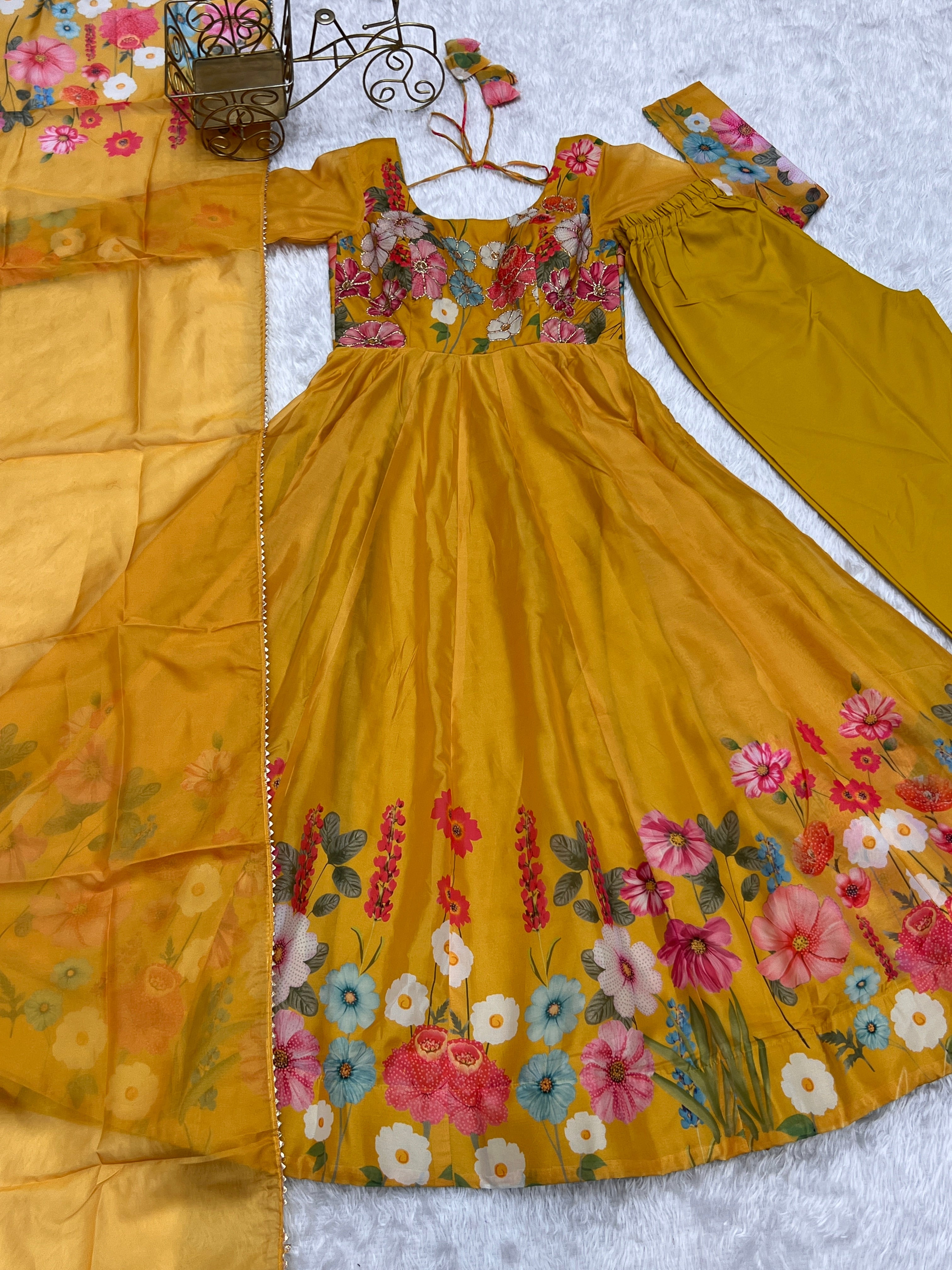 Yellow Floral Anarkali Suit with Pant Dupatta