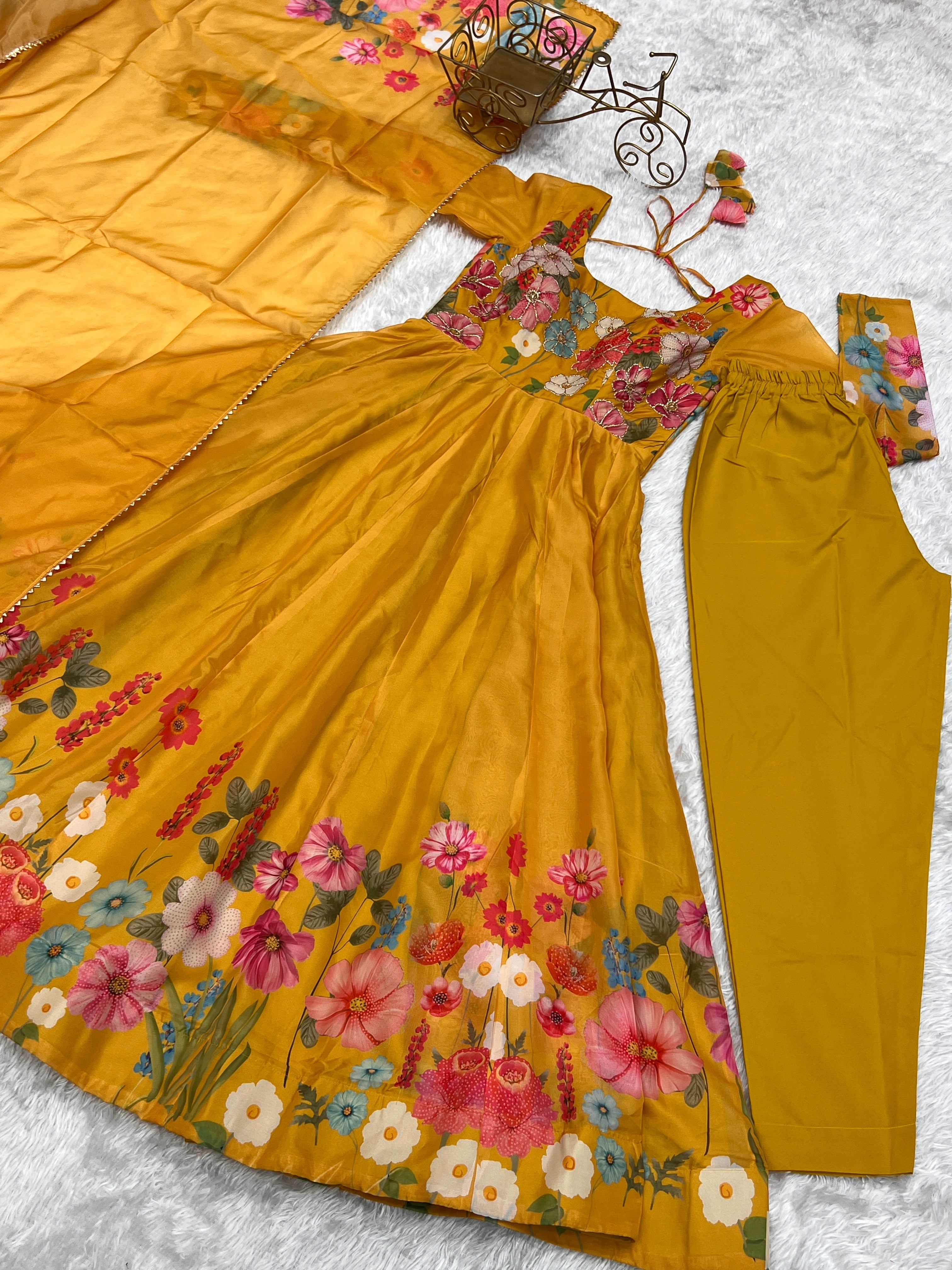 Yellow Floral Anarkali Suit with Pant Dupatta