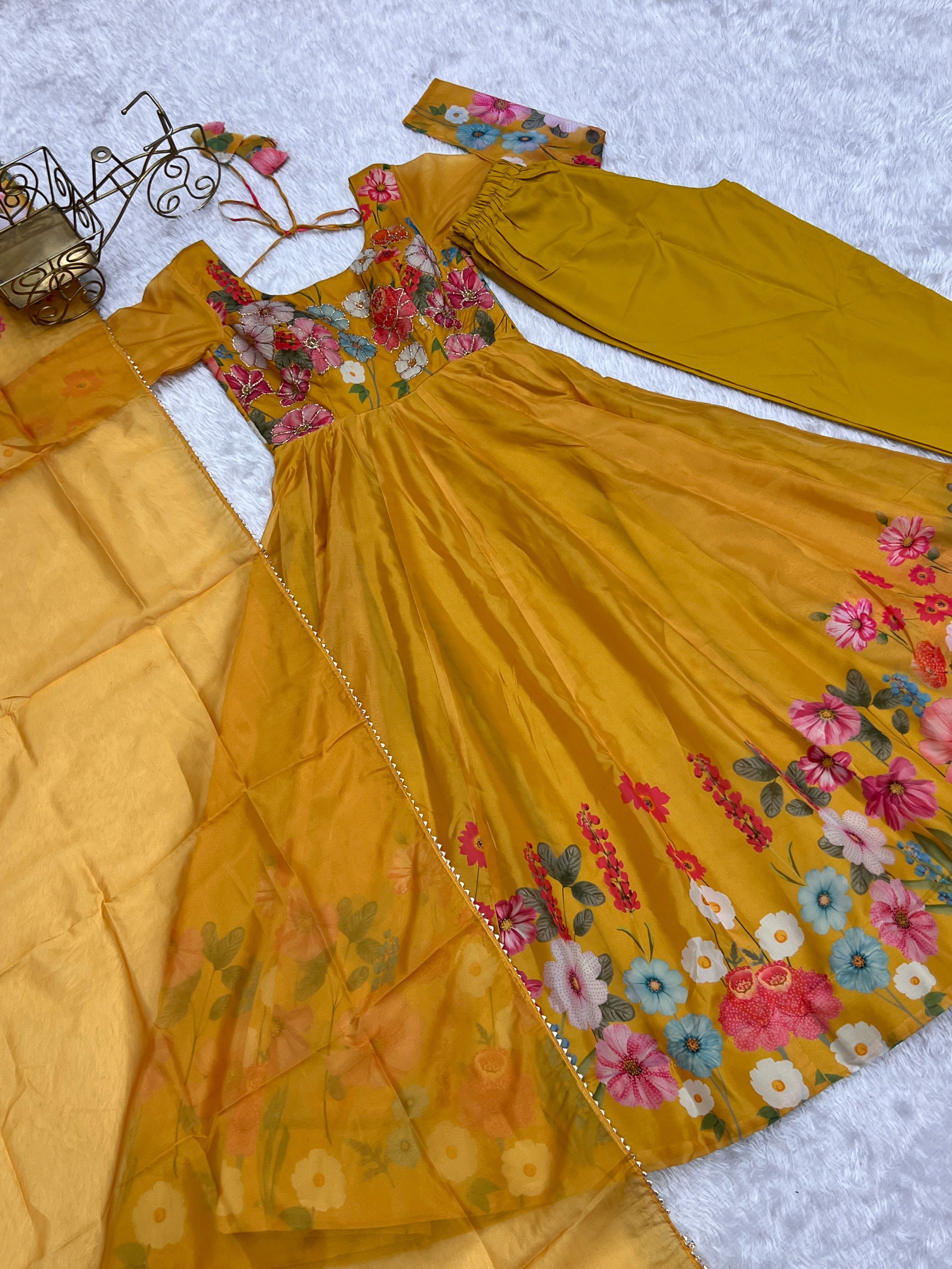 Yellow Floral Anarkali Suit with Pant Dupatta