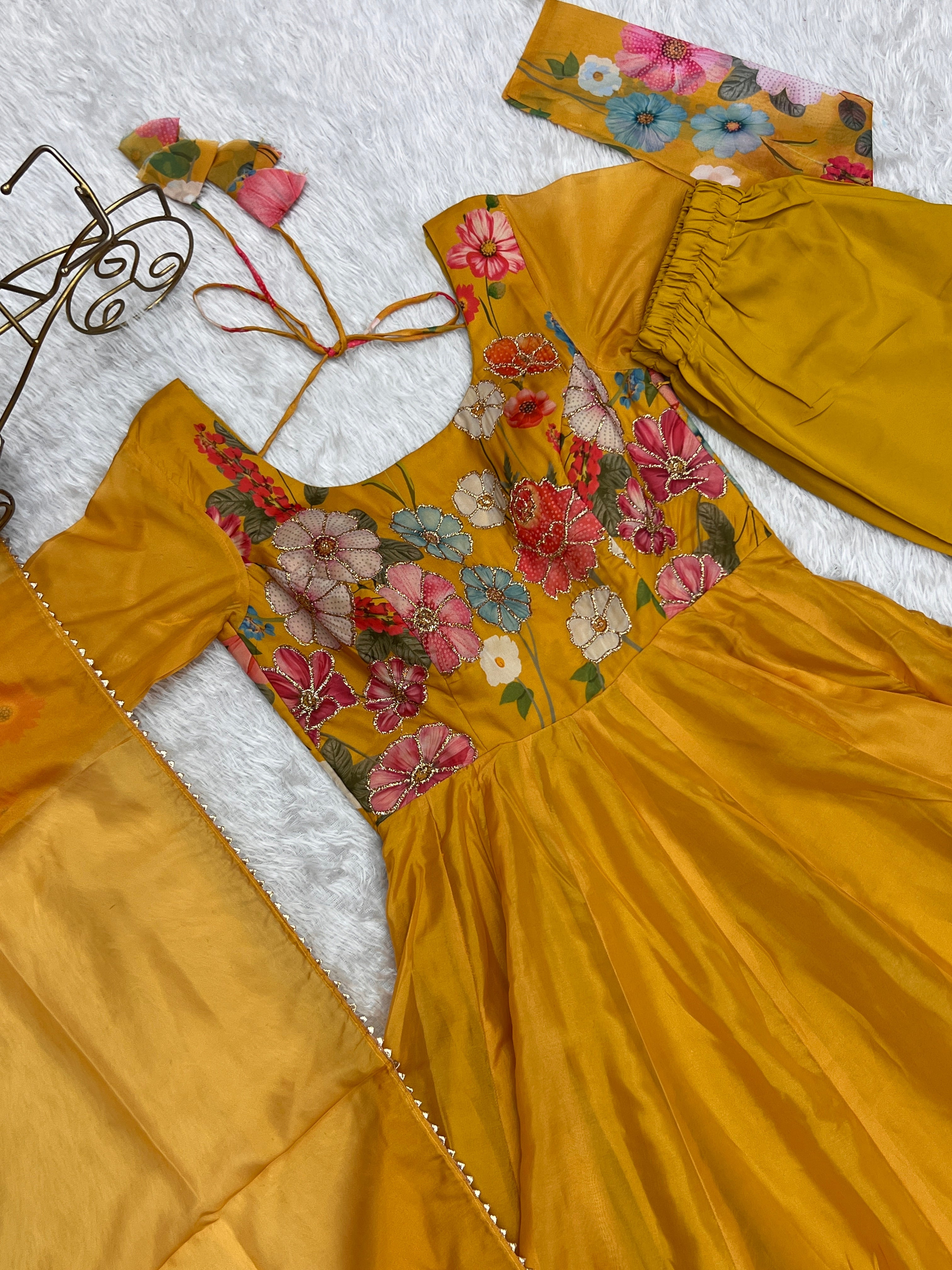 Yellow Floral Anarkali Suit with Pant Dupatta