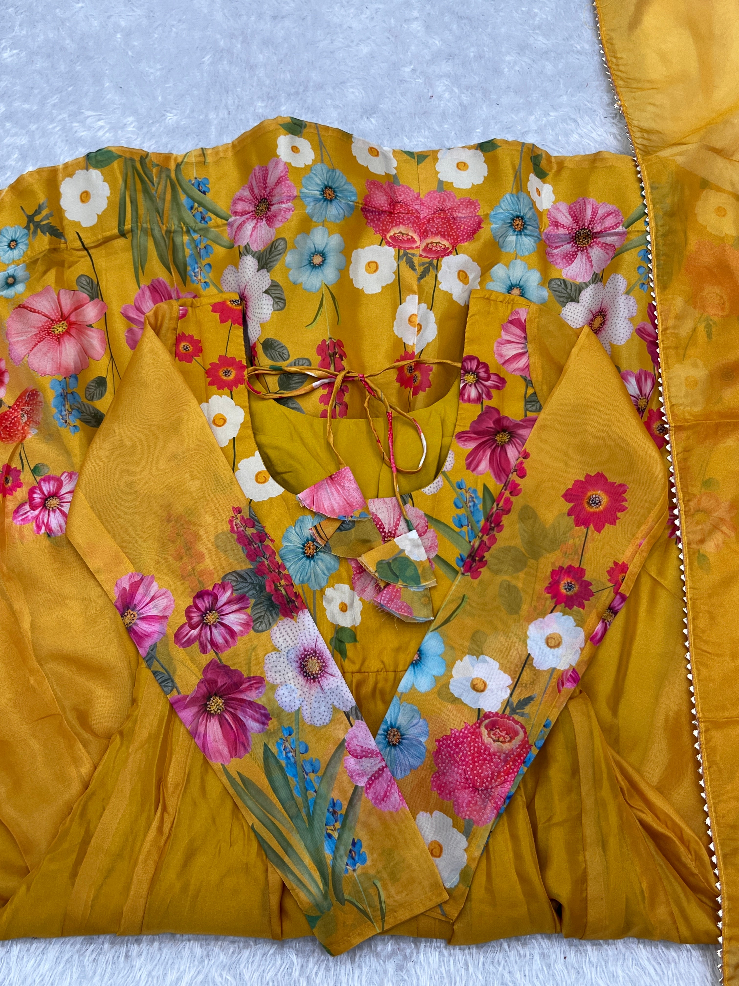 Yellow Floral Anarkali Suit with Pant Dupatta