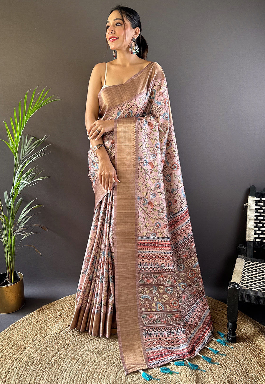 Pink Assam Silk Kalamkari Printed Saree, showcasing detailed traditional patterns.