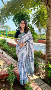 Grey Dola Silk Digitally Printed Saree Weaved With Attractive Lace Comes With Tassels | TRENDBUY