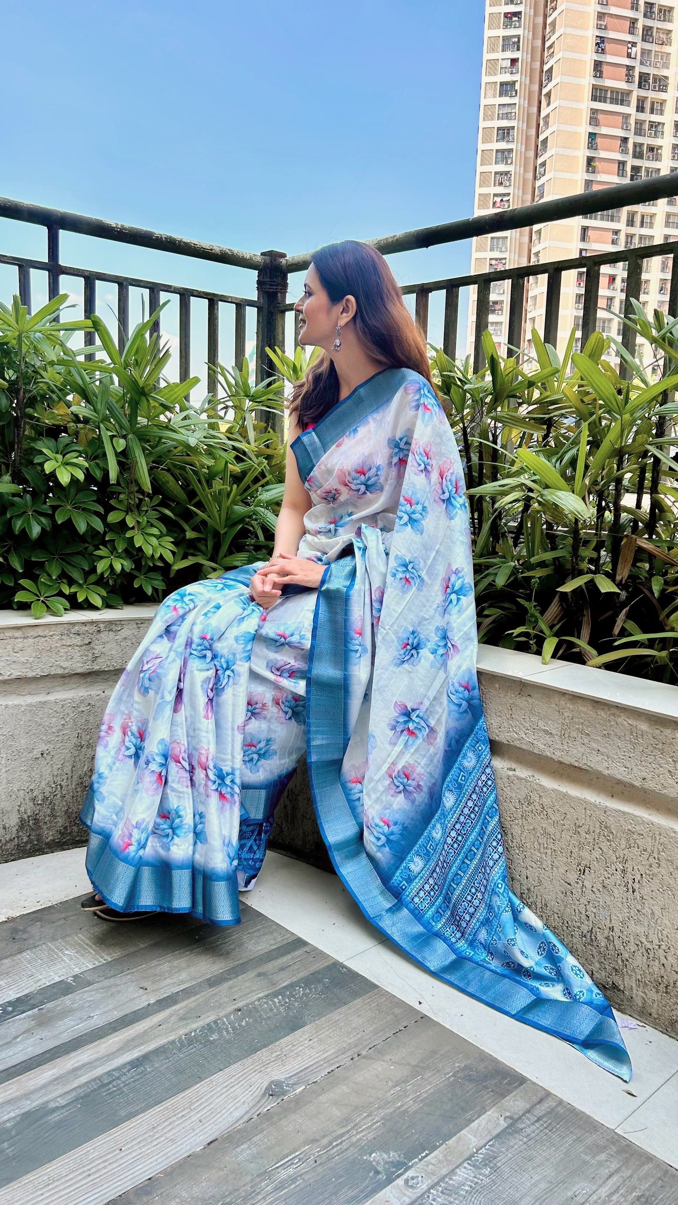 White Saree with Blue Border