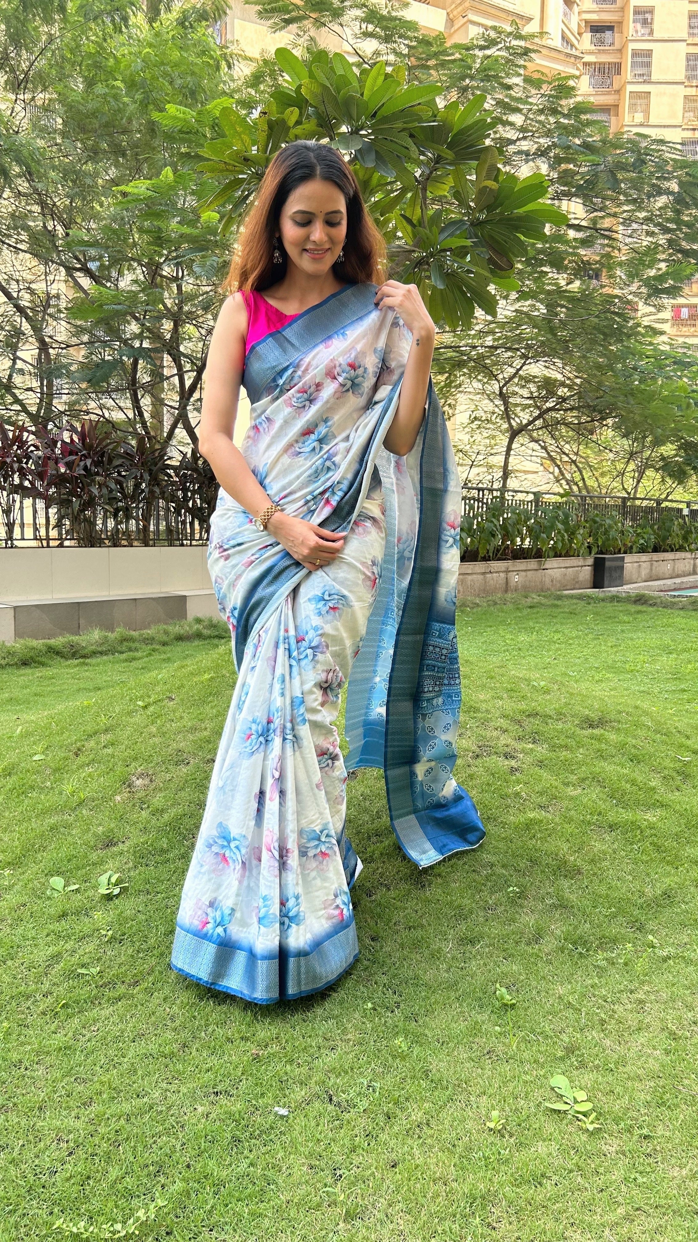White Saree with Blue Border