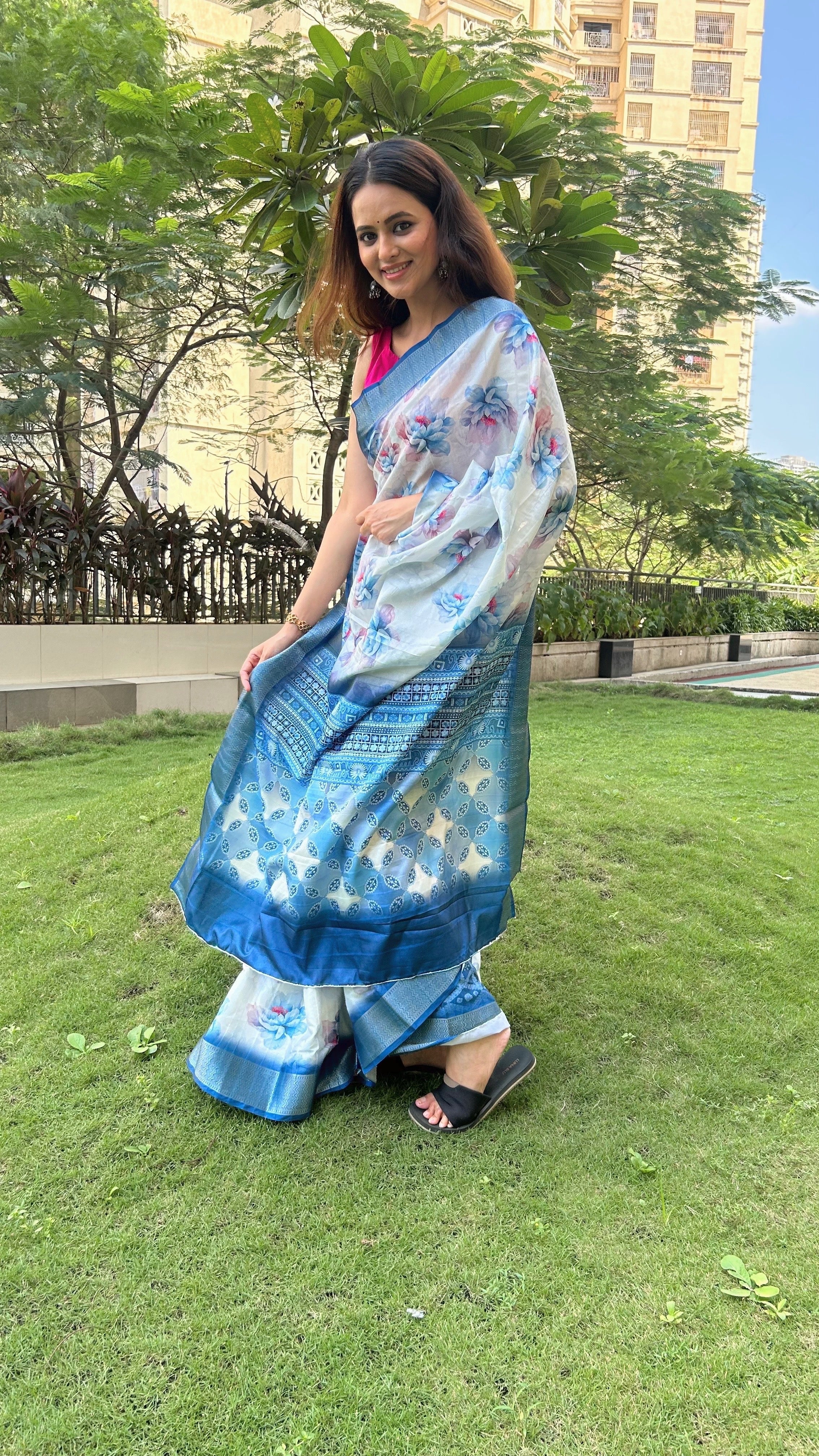 White Saree with Blue Border