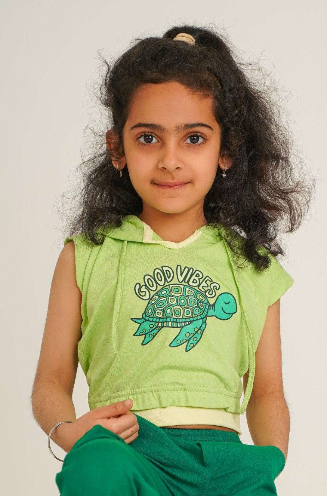 Girls Cotton Knit Green Hoodie for Summers - Sleeveless Hoodie