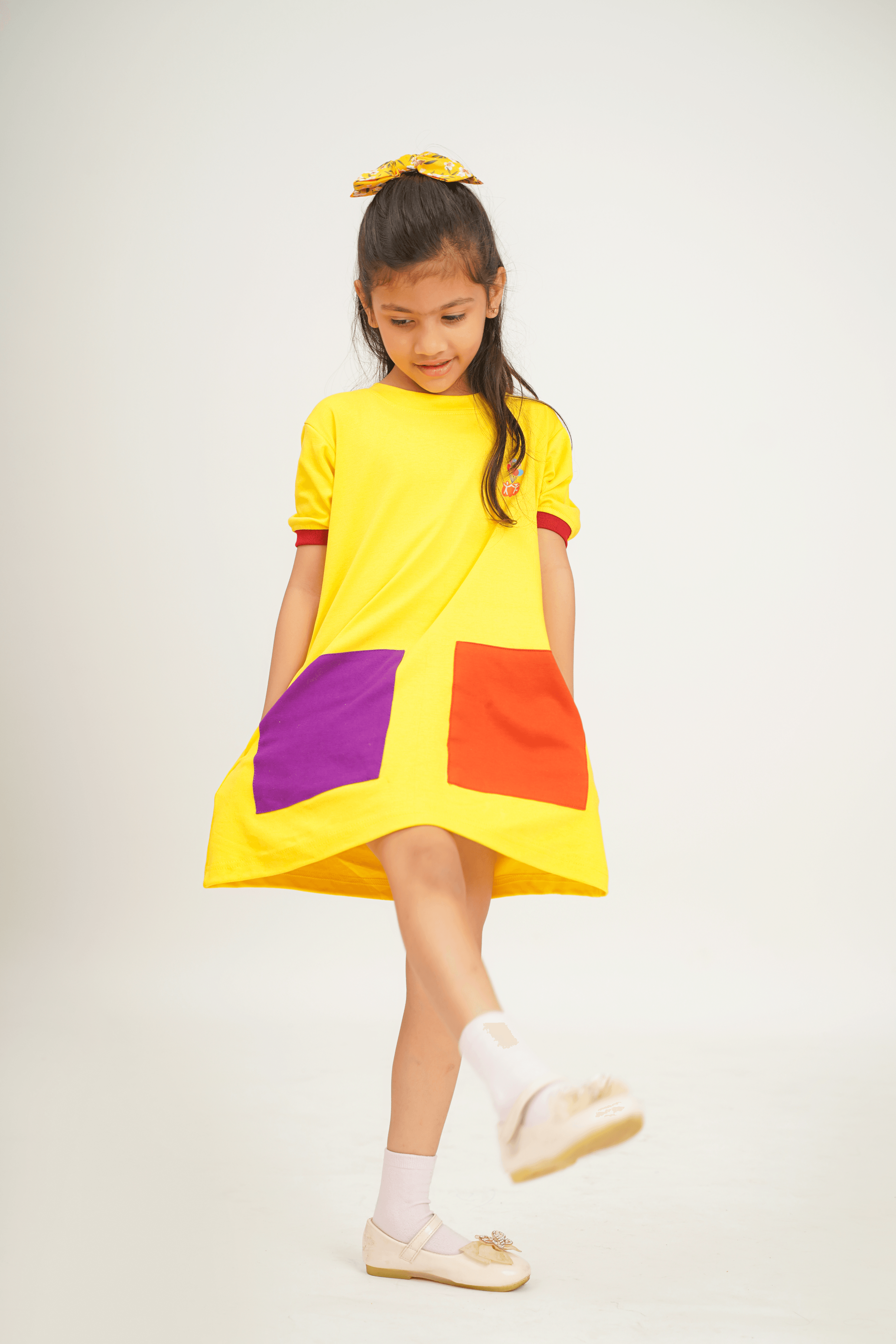 Girls 100% Cotton Knit Dress with color block patch - Yellow