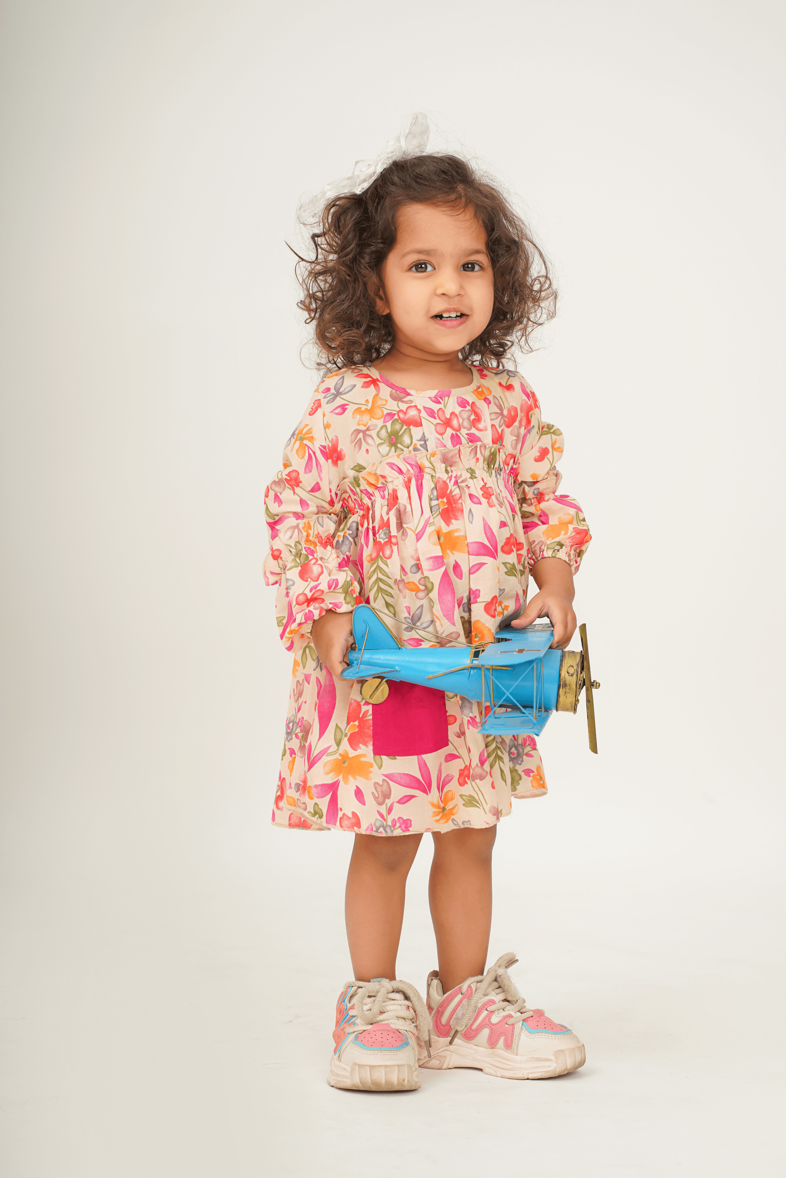 Girls Mulmul asymmetrical Printed Dress - Cream & Pink