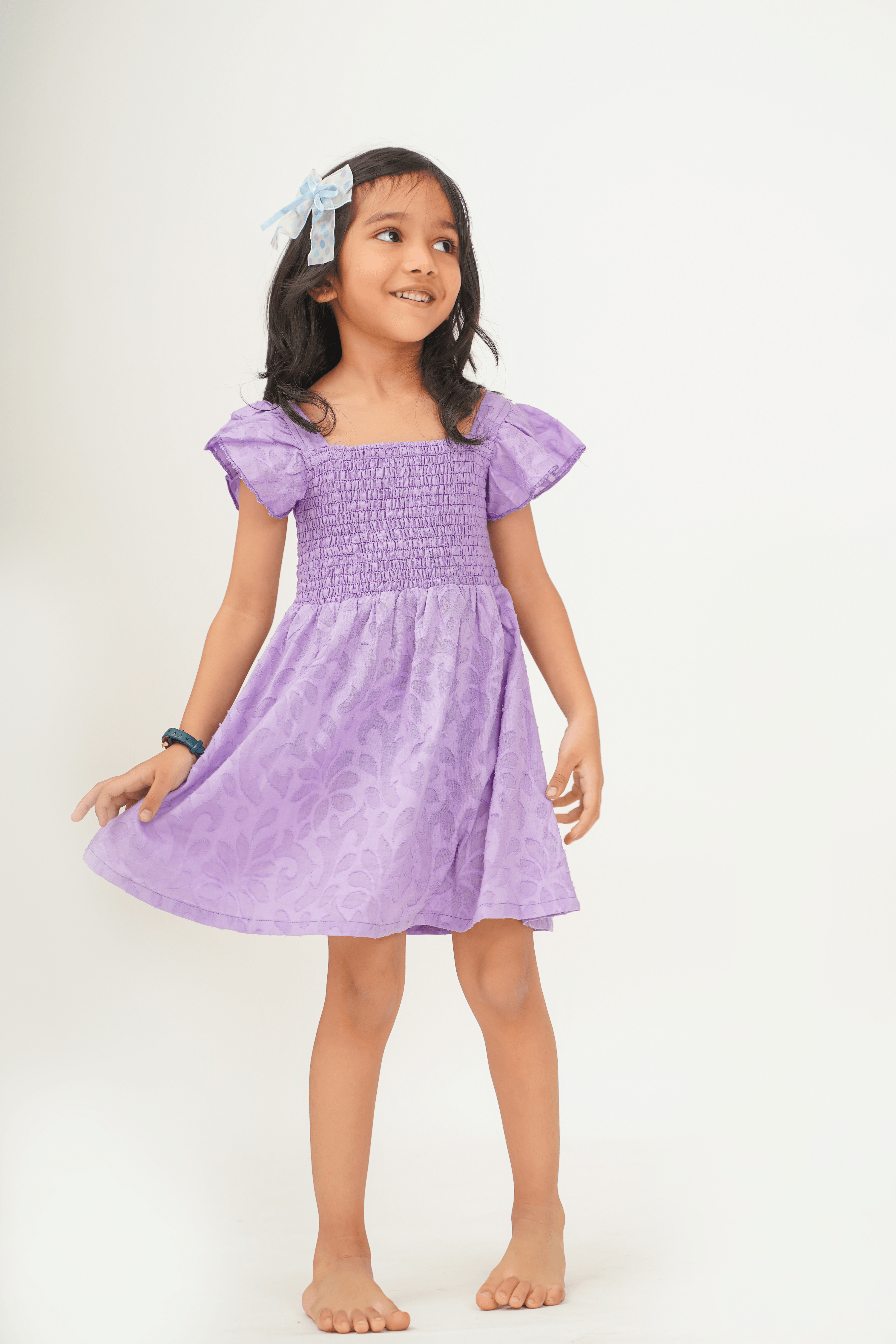 Girls Textured Cotton Smocking chest Dress with free headband