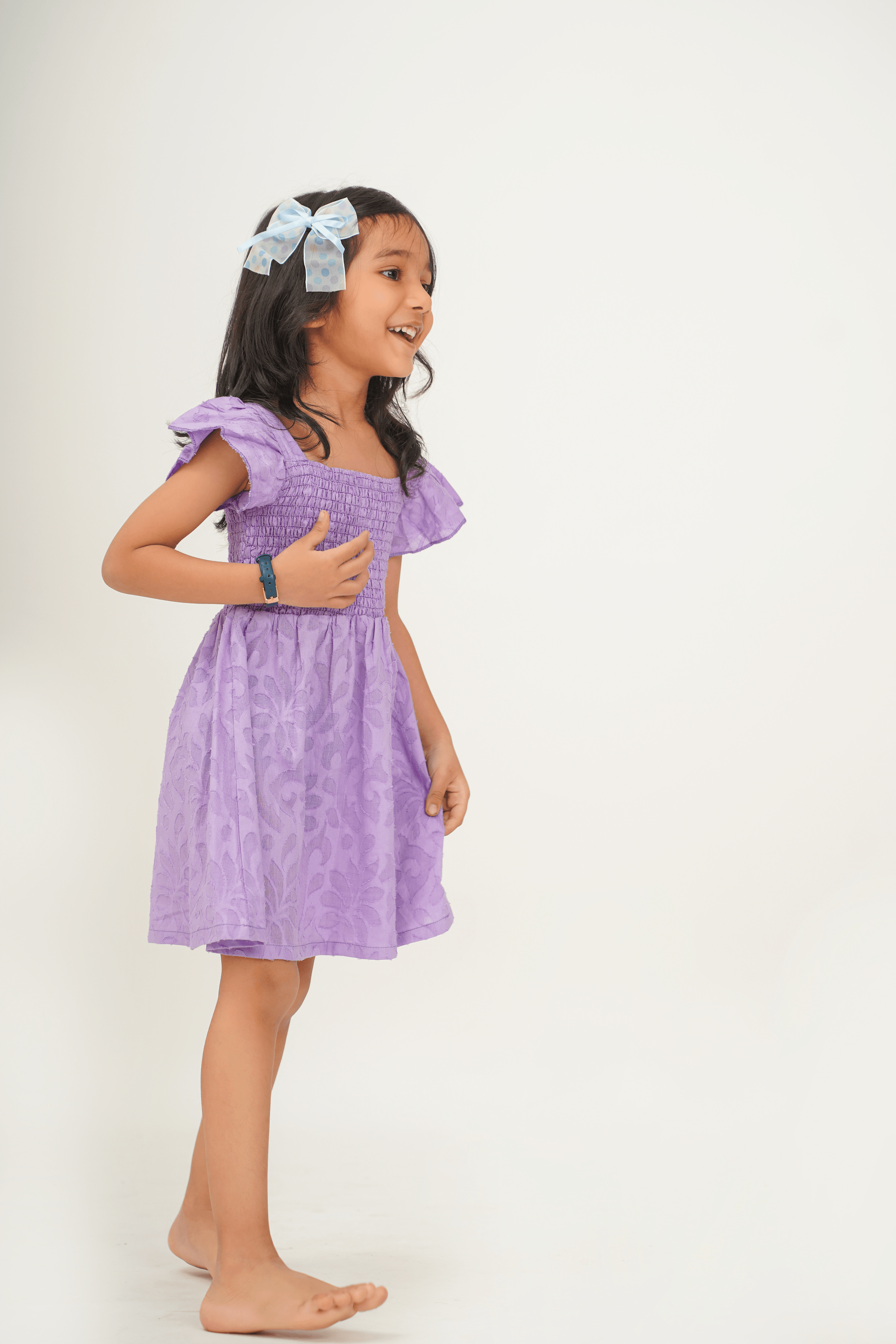 Girls Textured Cotton Smocking chest Dress with free headband