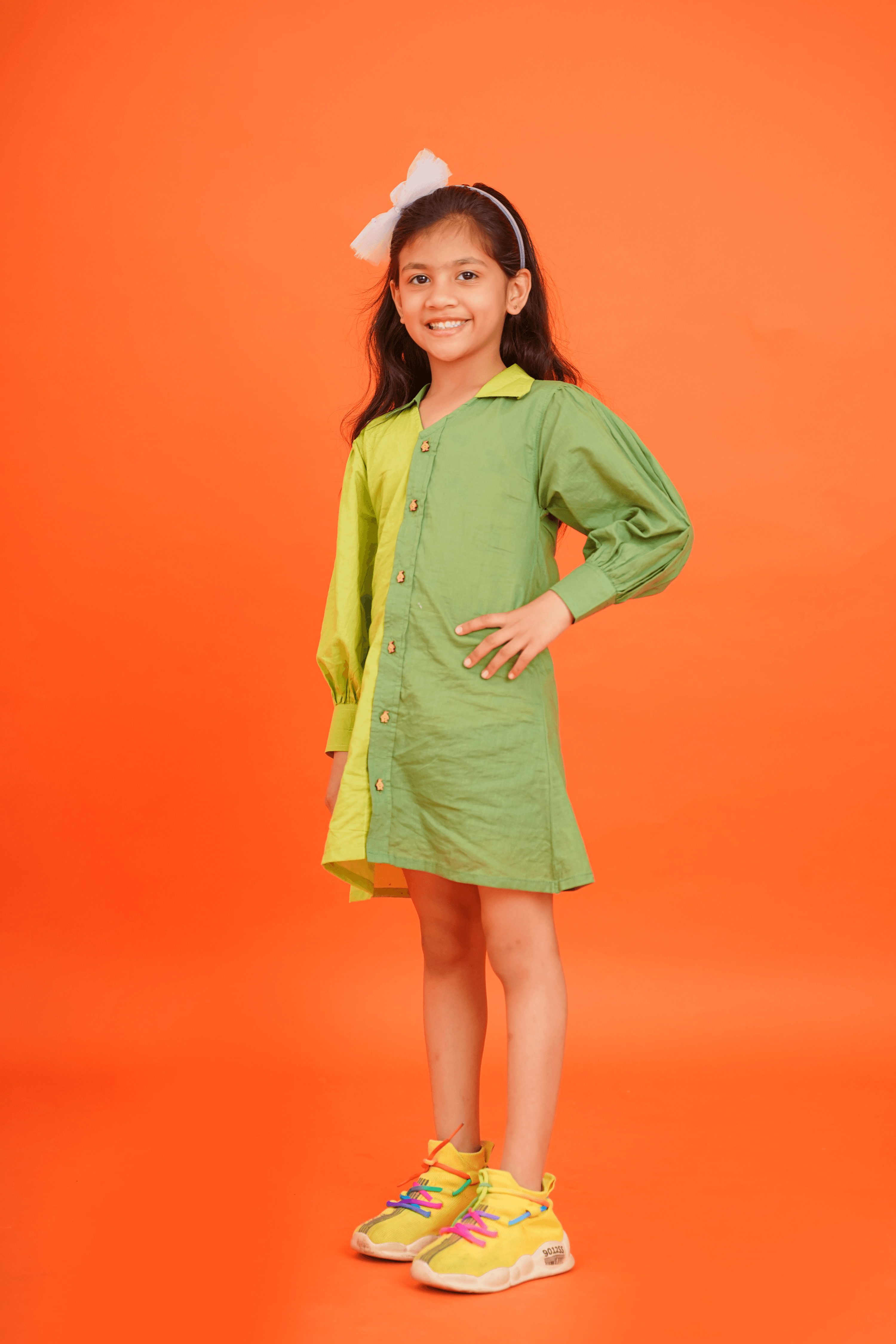 Girls Pure Cotton Green color block Dress with collar