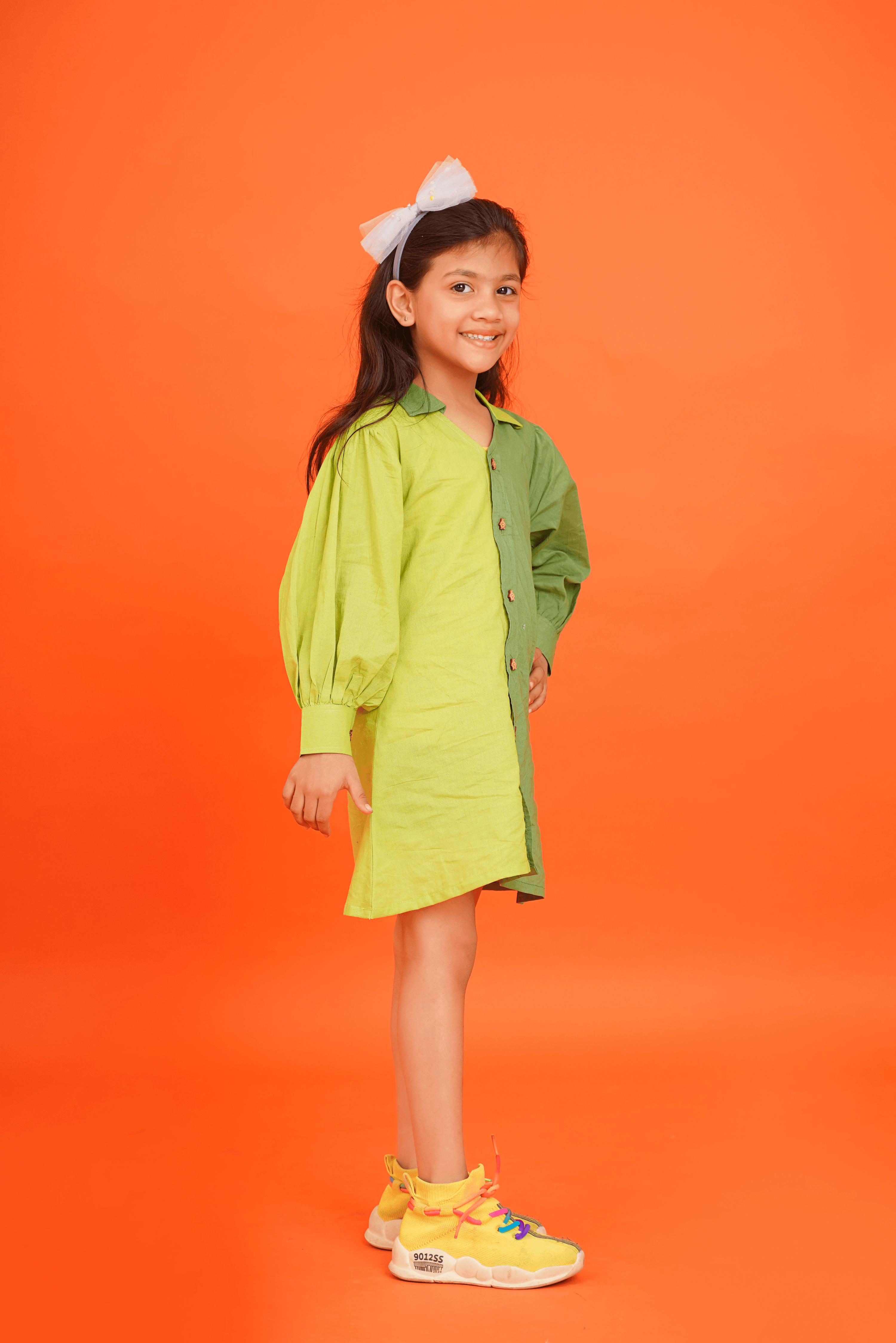 Girls Pure Cotton Green color block Dress with collar