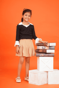 Girls 100% Cotton Knit collared black top with pleated brown skorts set | TRENDBUY