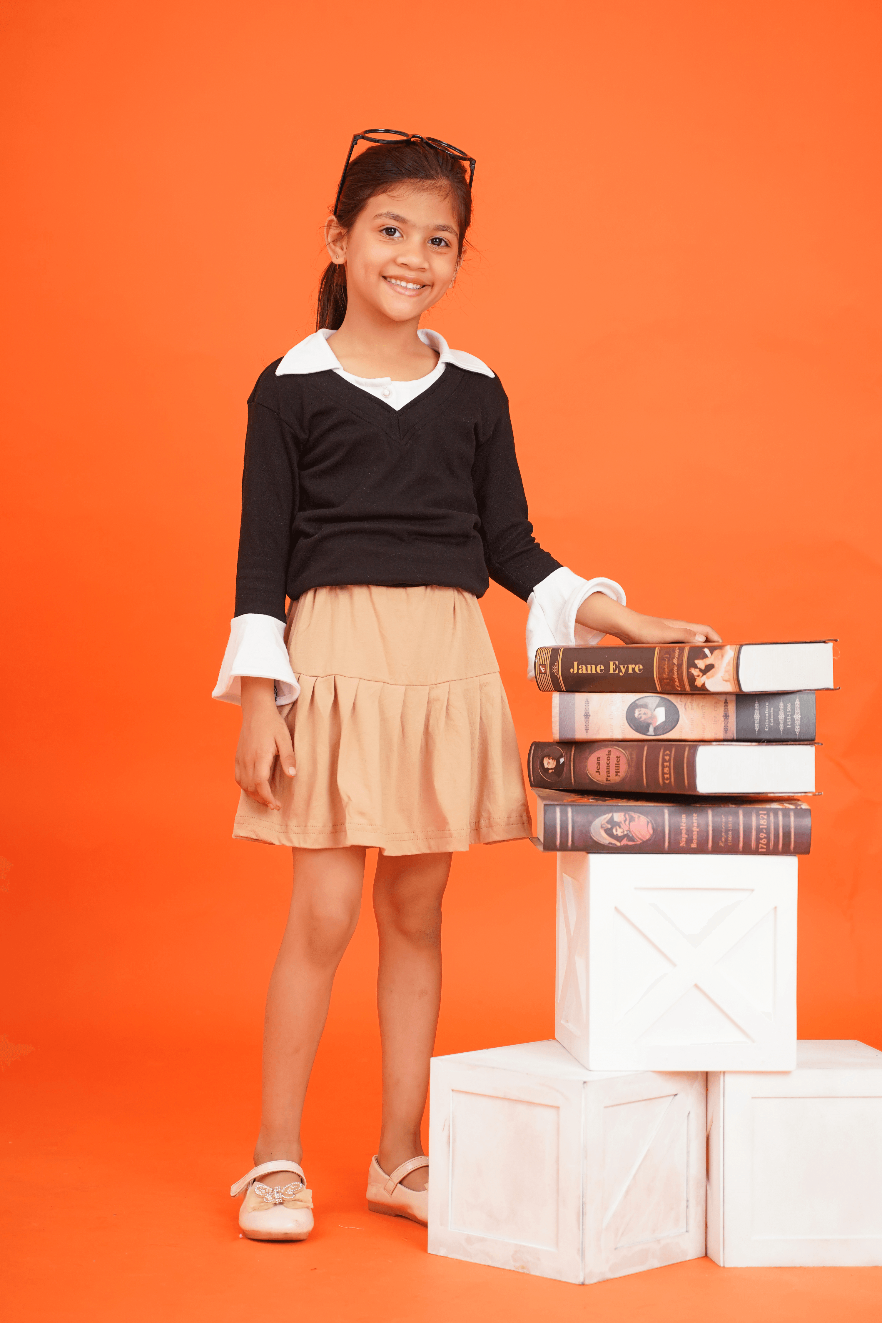 Girls Black Top with Brown Skorts Set - 100% Cotton Knit