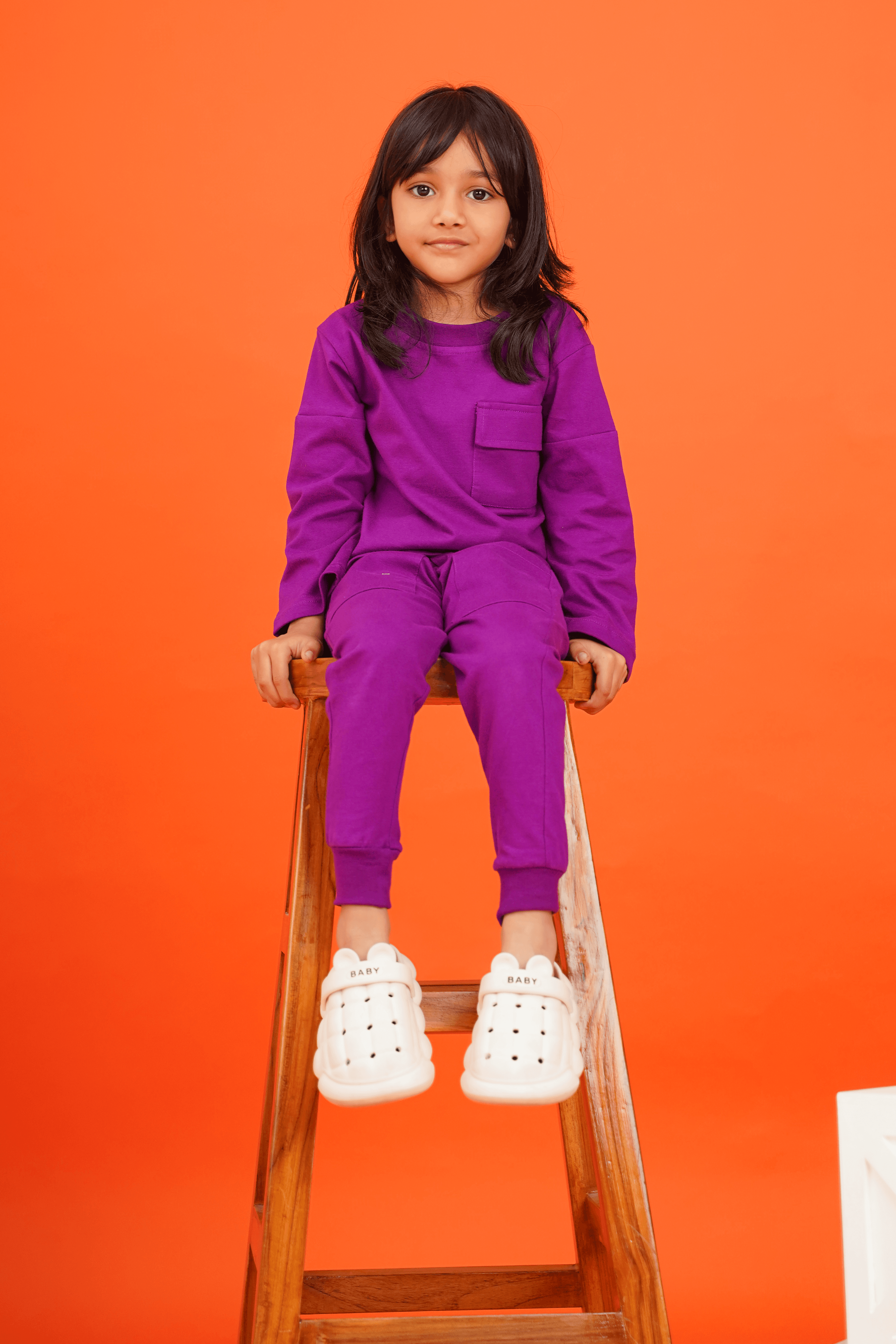 Girls 100% Cotton Knit Purple Loungewear with pockets