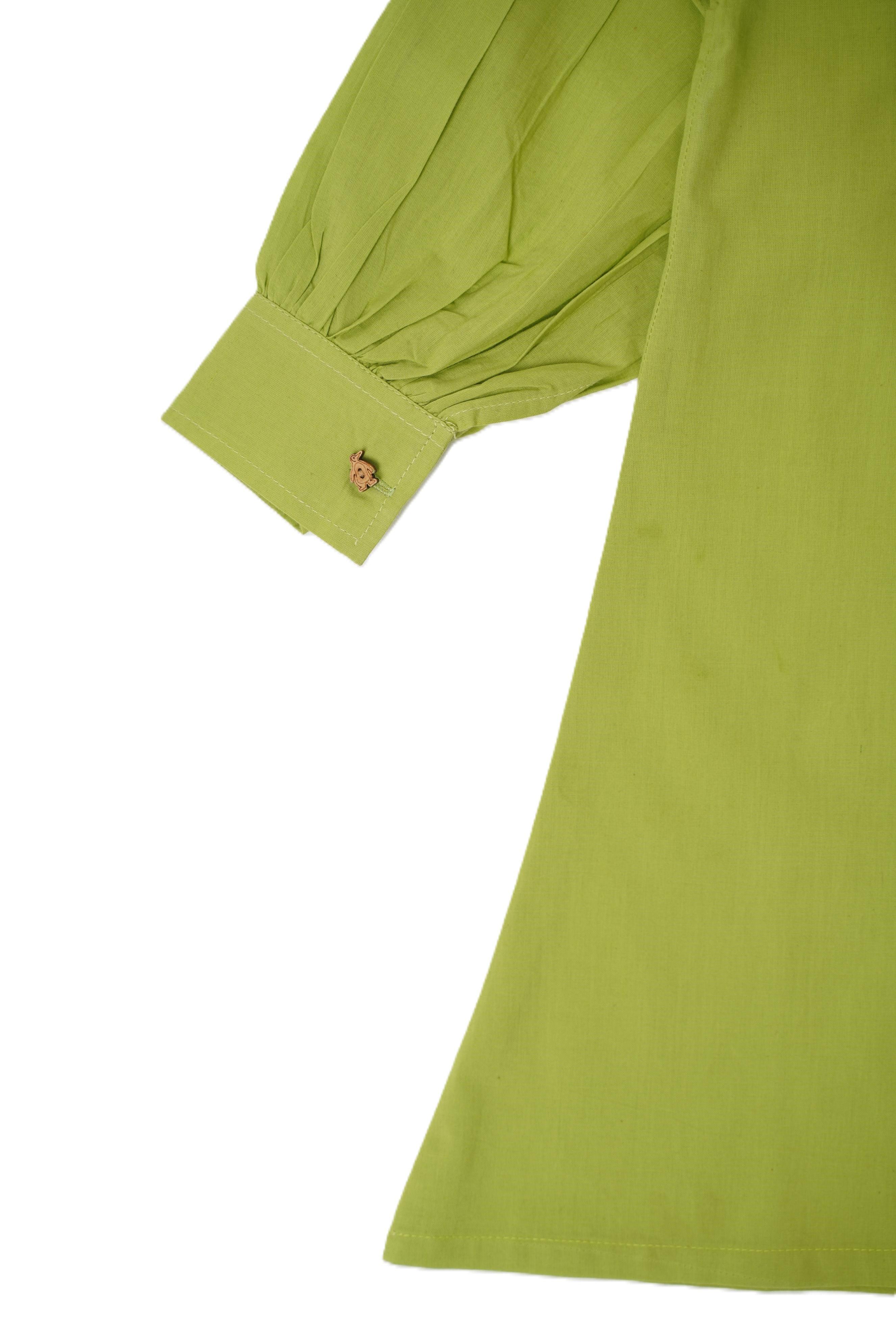 Girls Pure Cotton Green color block Dress with collar