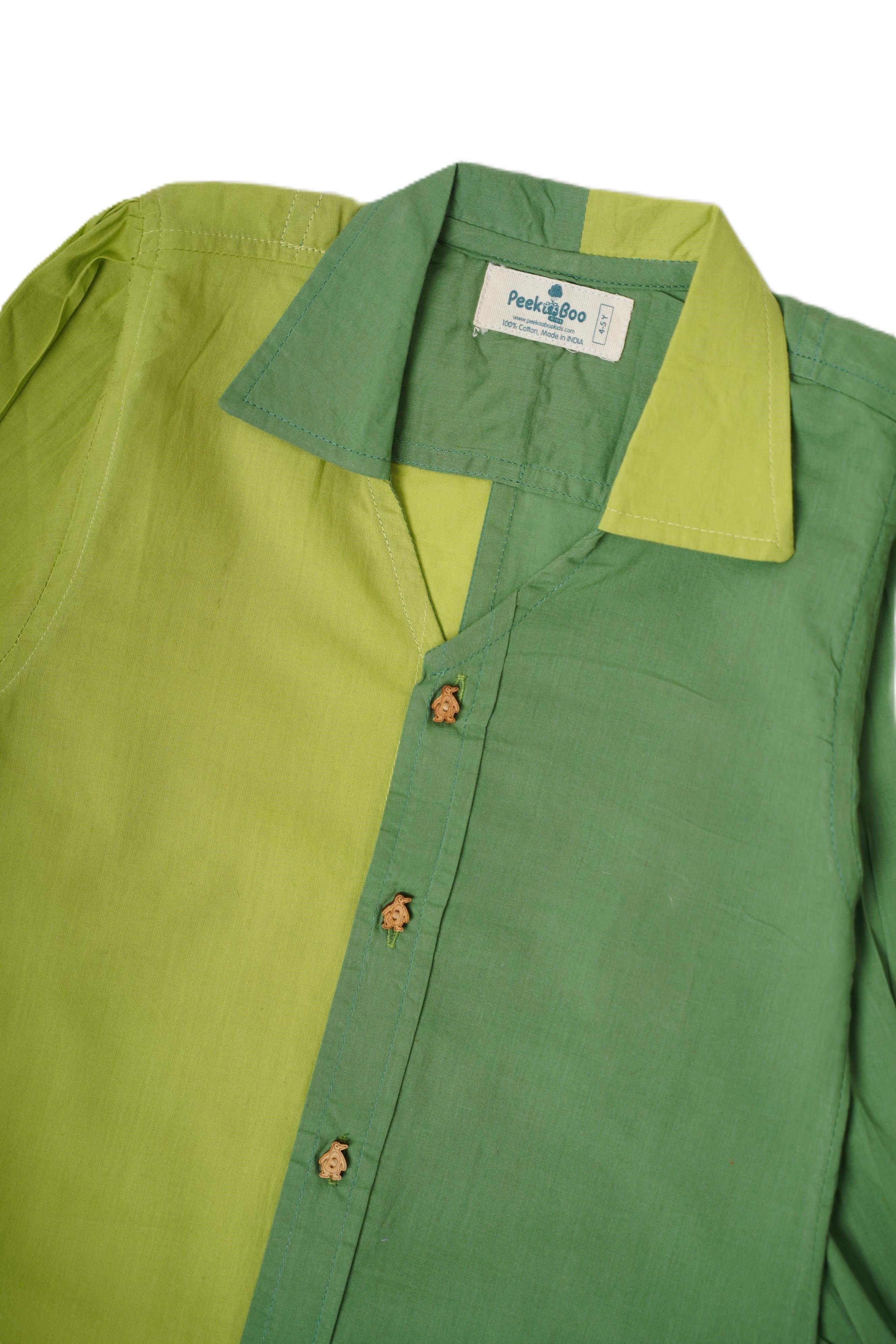 Girls Pure Cotton Green color block Dress with collar