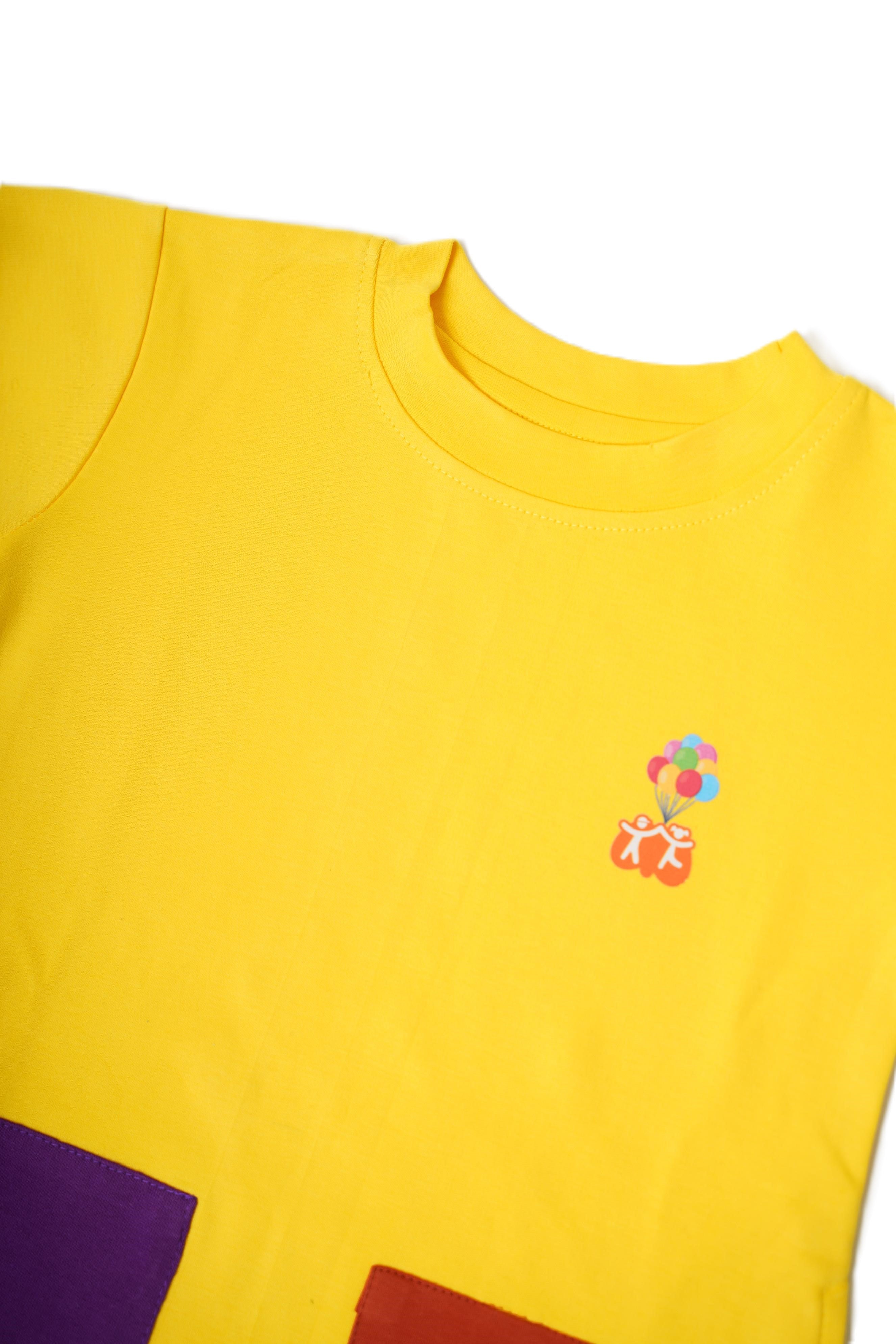 Girls 100% Cotton Knit Dress with color block patch - Yellow