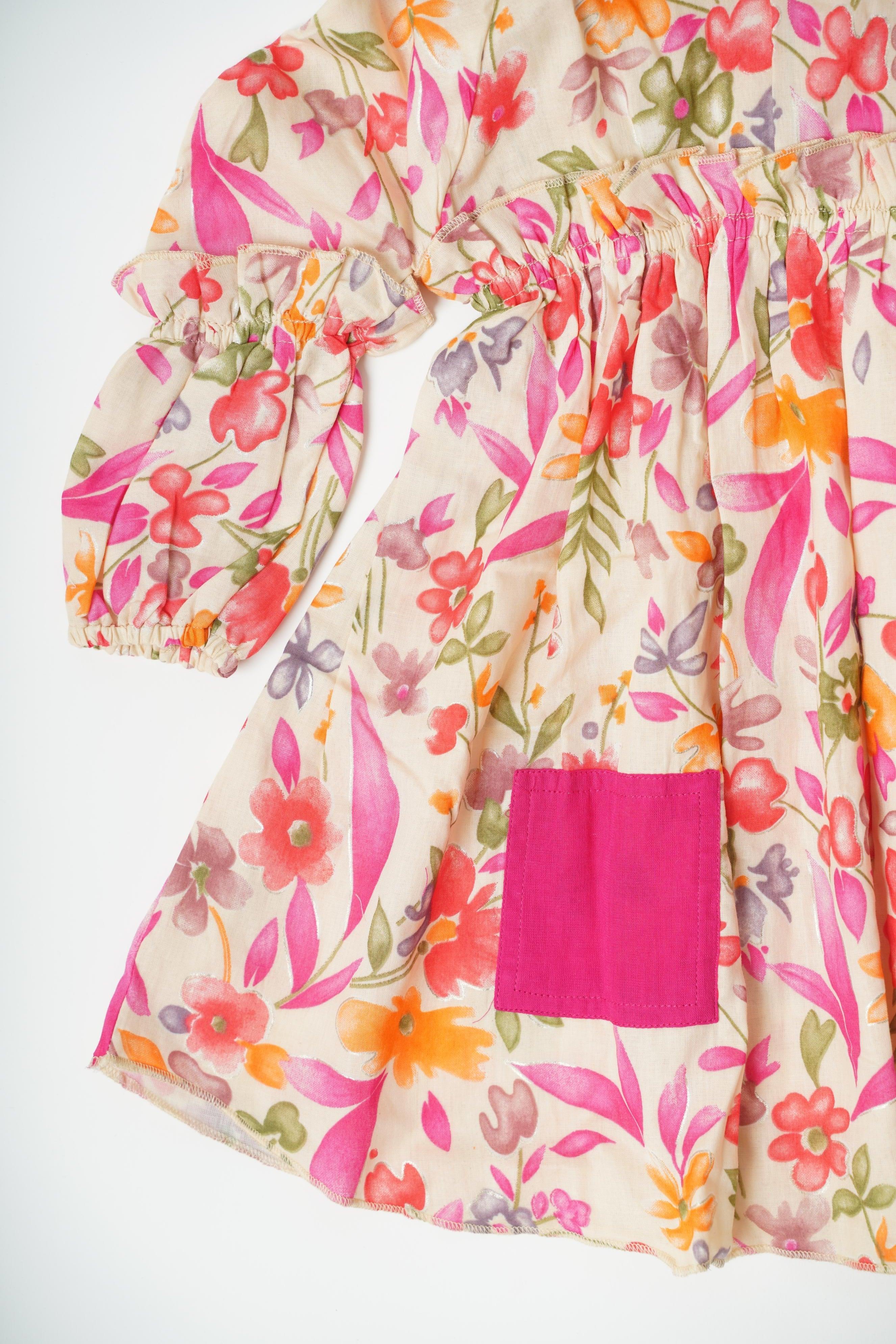 Girls Mulmul asymmetrical Printed Dress - Cream & Pink