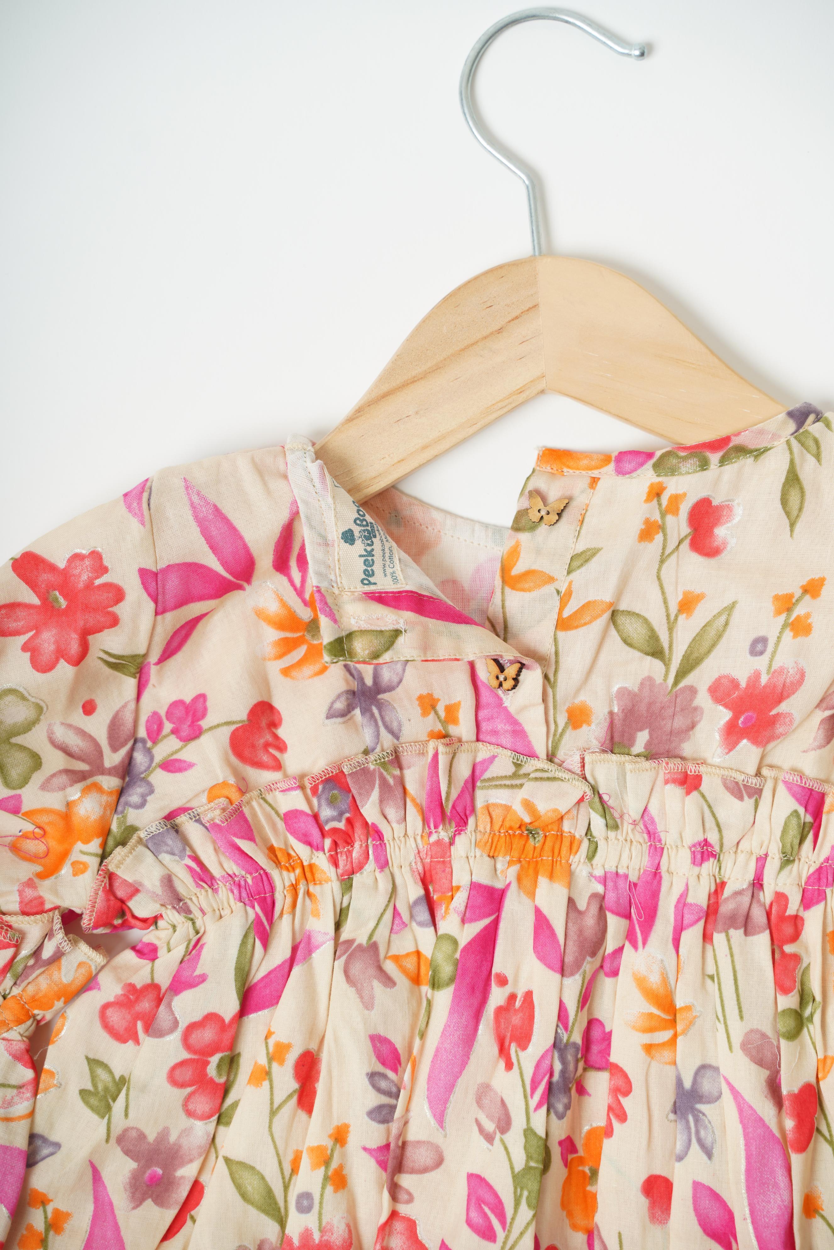 Girls Mulmul asymmetrical Printed Dress - Cream & Pink