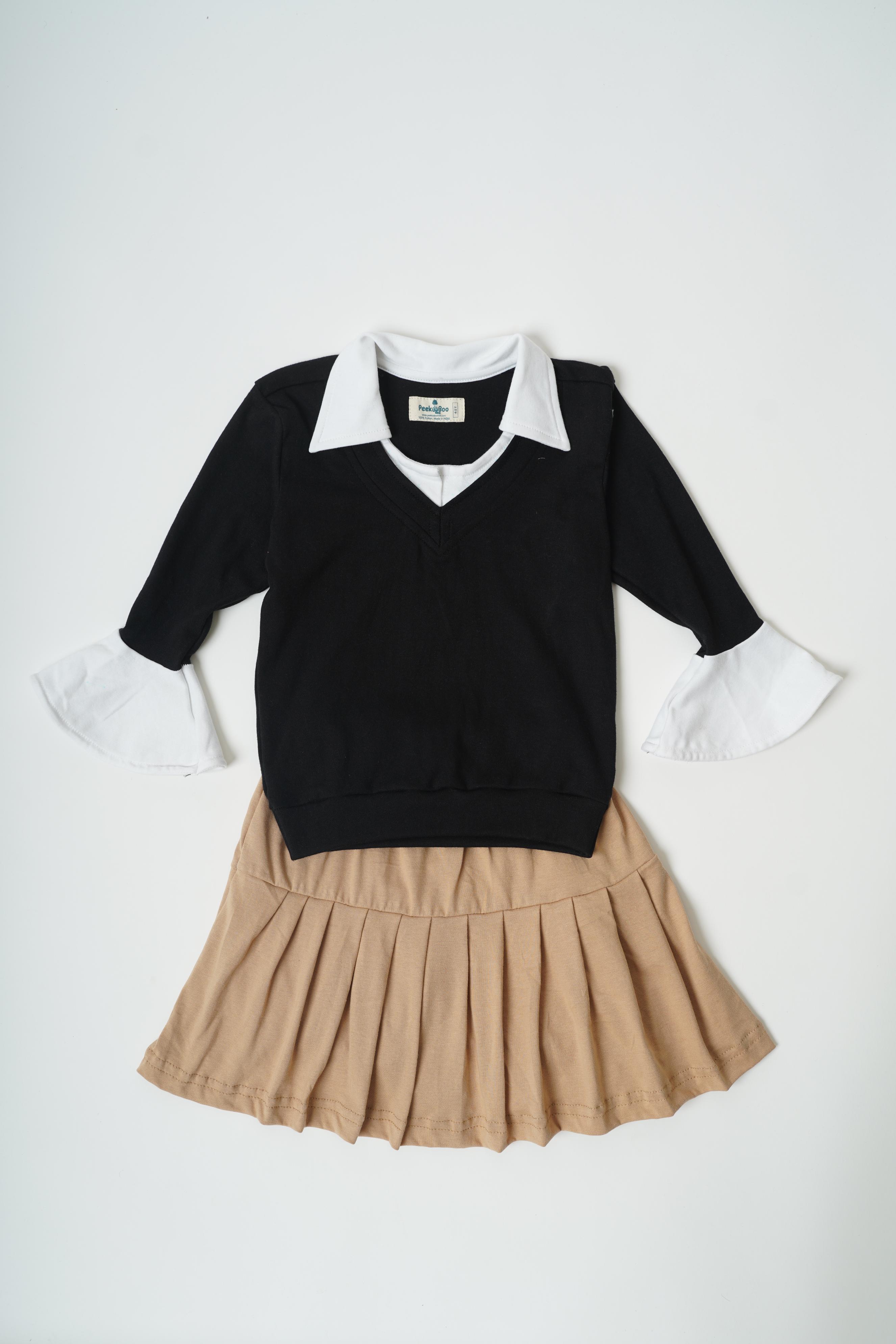 Girls Black Top with Brown Skorts Set - 100% Cotton Knit