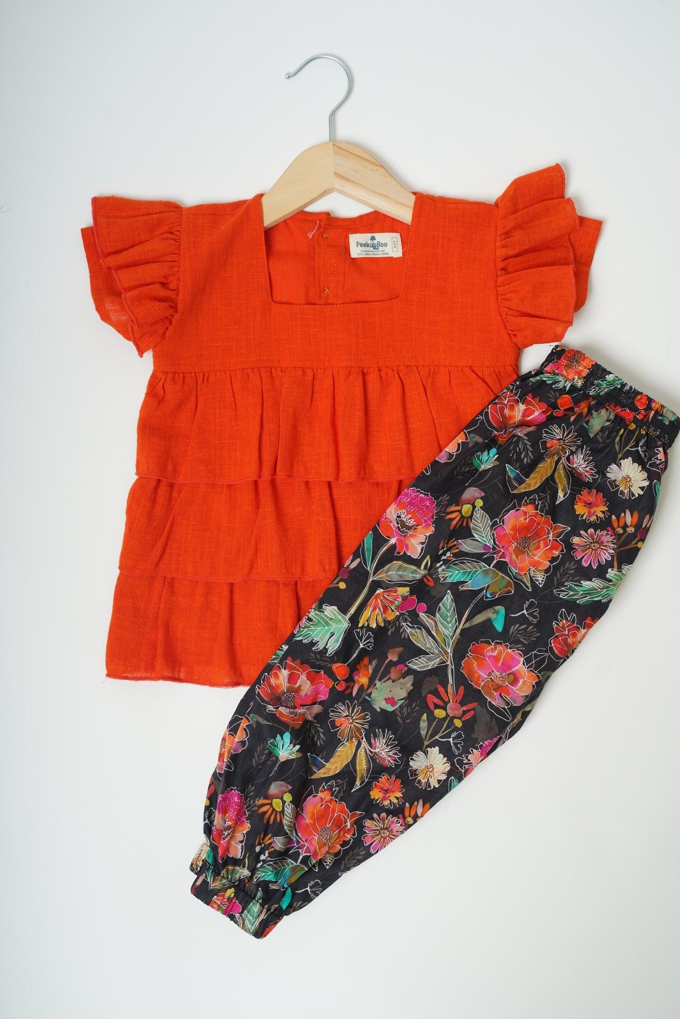 Girls Pure cotton layered top with balloon pants set