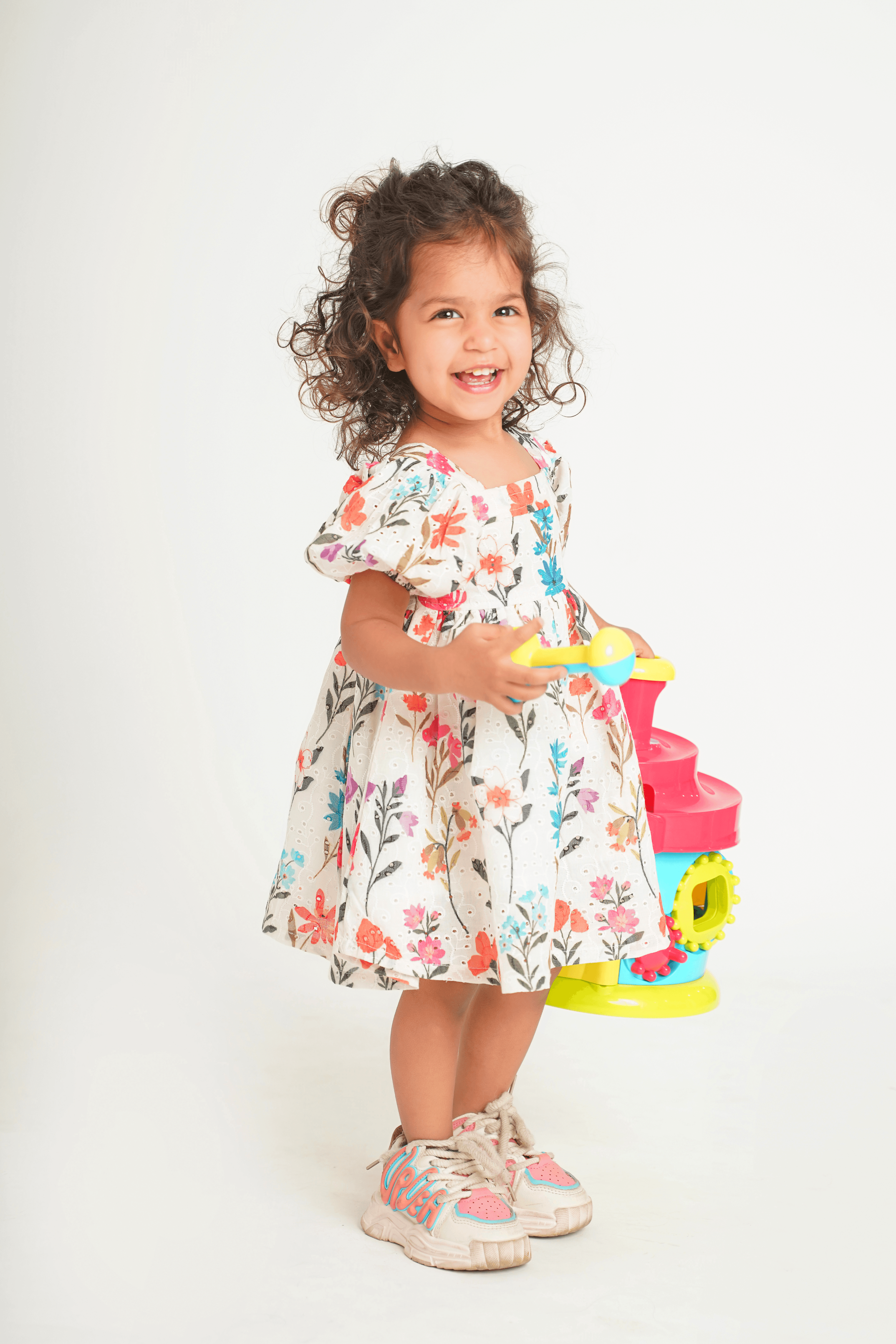 Girls Pure Cotton Schiffli Printed White Dress with free scrunchie