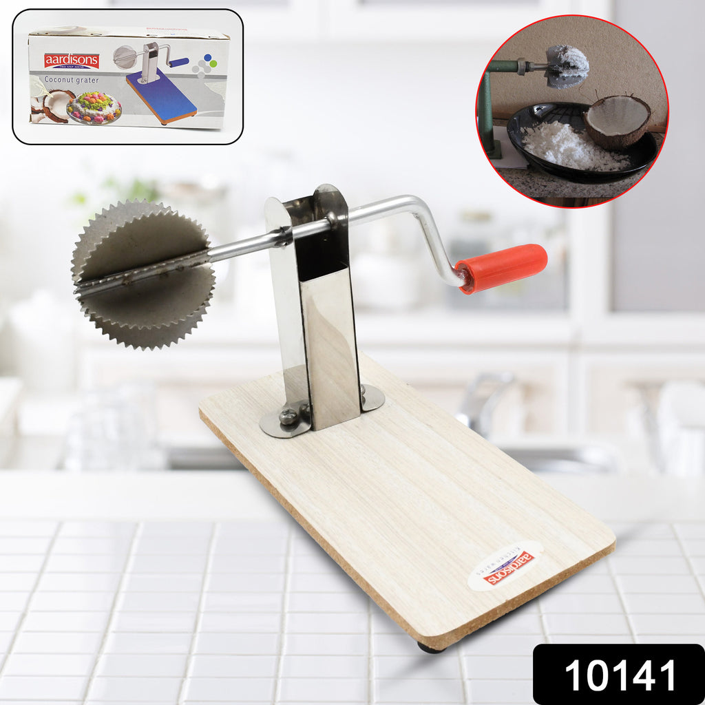 Stainless steel coconut scraper with sturdy wooden base for grating fresh coconut.