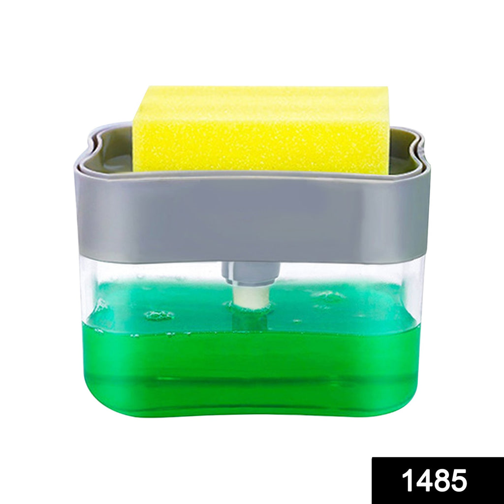 1485 liquid soap dispenser with integrated sponge holder for pet use, on countertop.