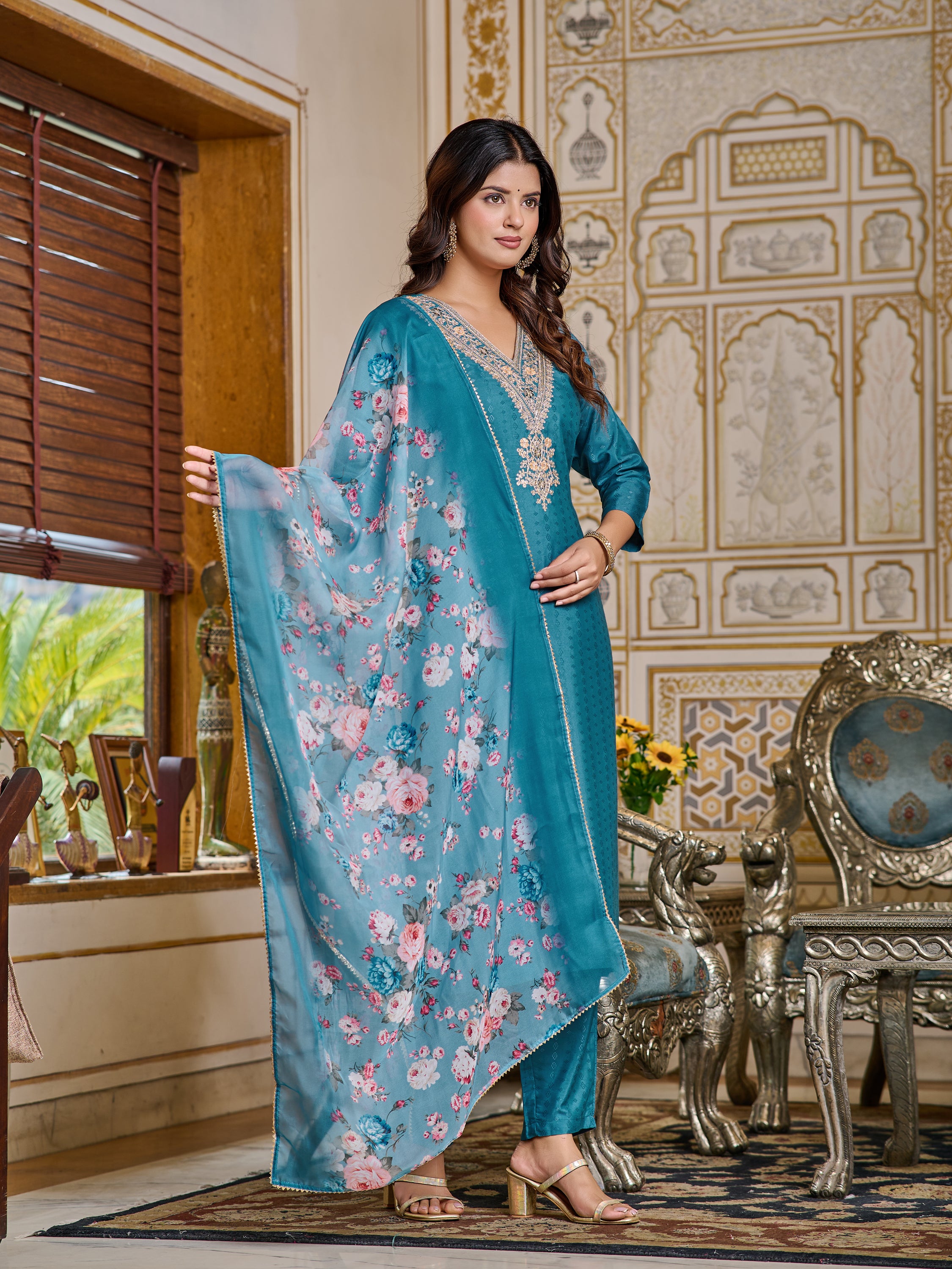 Model displaying the full spread of the floral digital print dupatta over the teal kurta set from TRENDBUY.