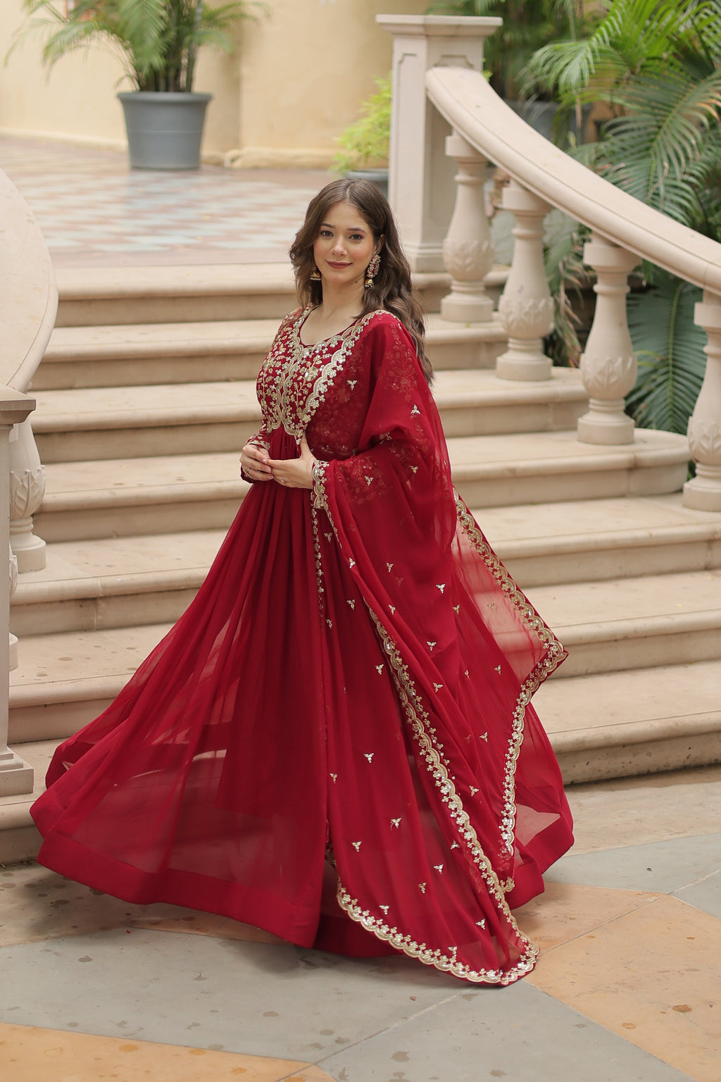 Karva Chauth inspired Anarkali outfit for Indian women, with intricate embroidery and a flowing silhouette.