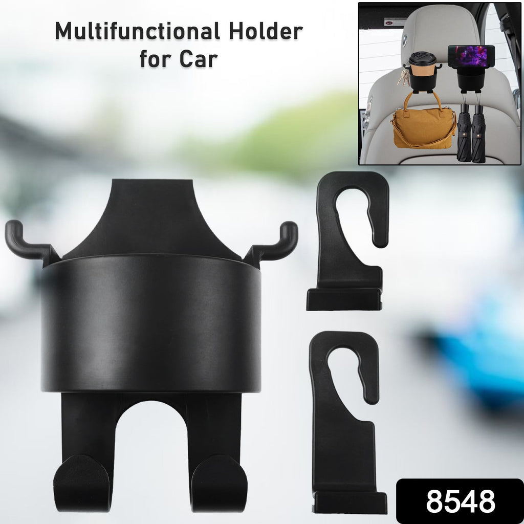 Automotive headrest organizer 3-in-1 with cell phone, drink cupholder & storage hooks for car travel.