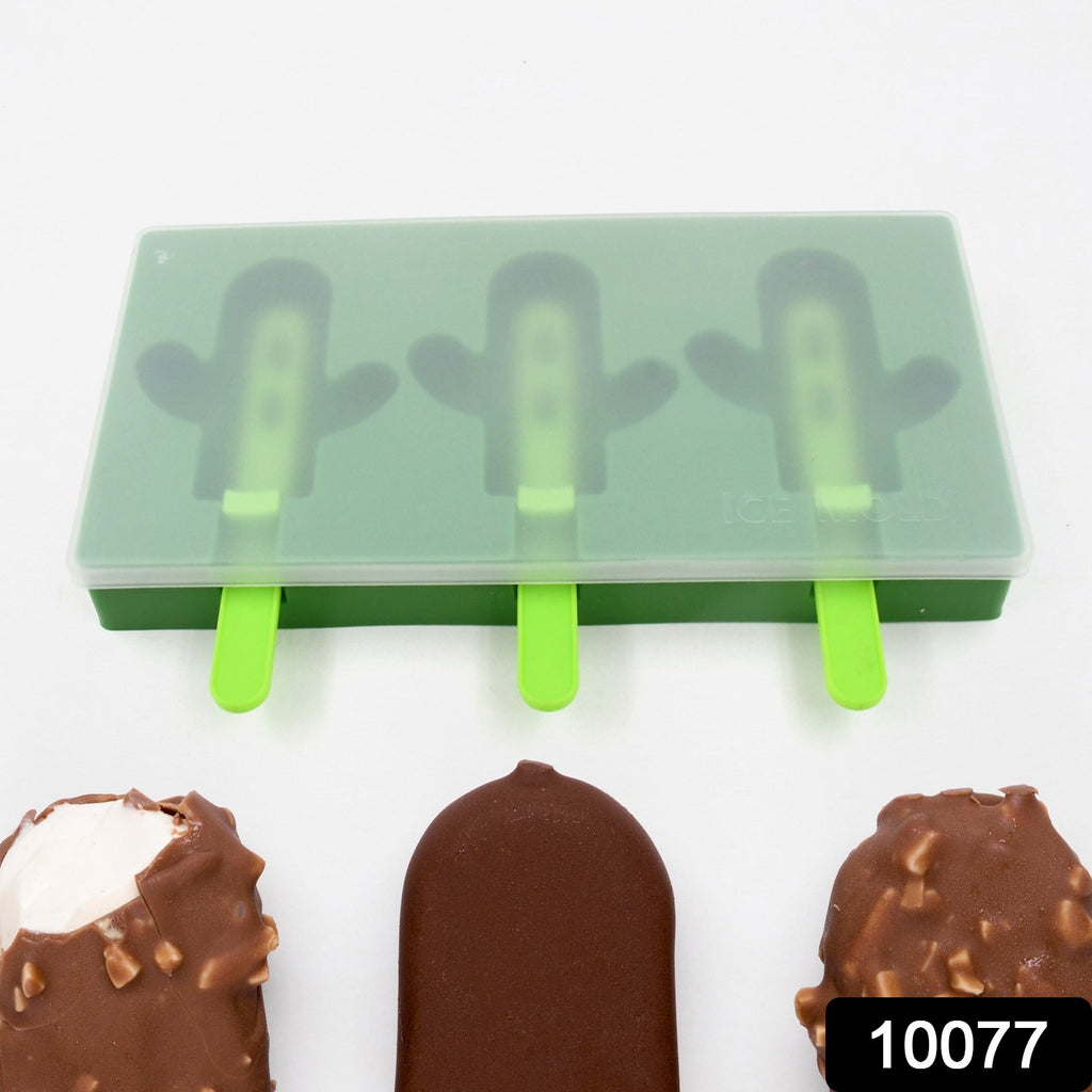 3-cavity cactus shape ice pop mold with green homemade popsicles ready for summer
