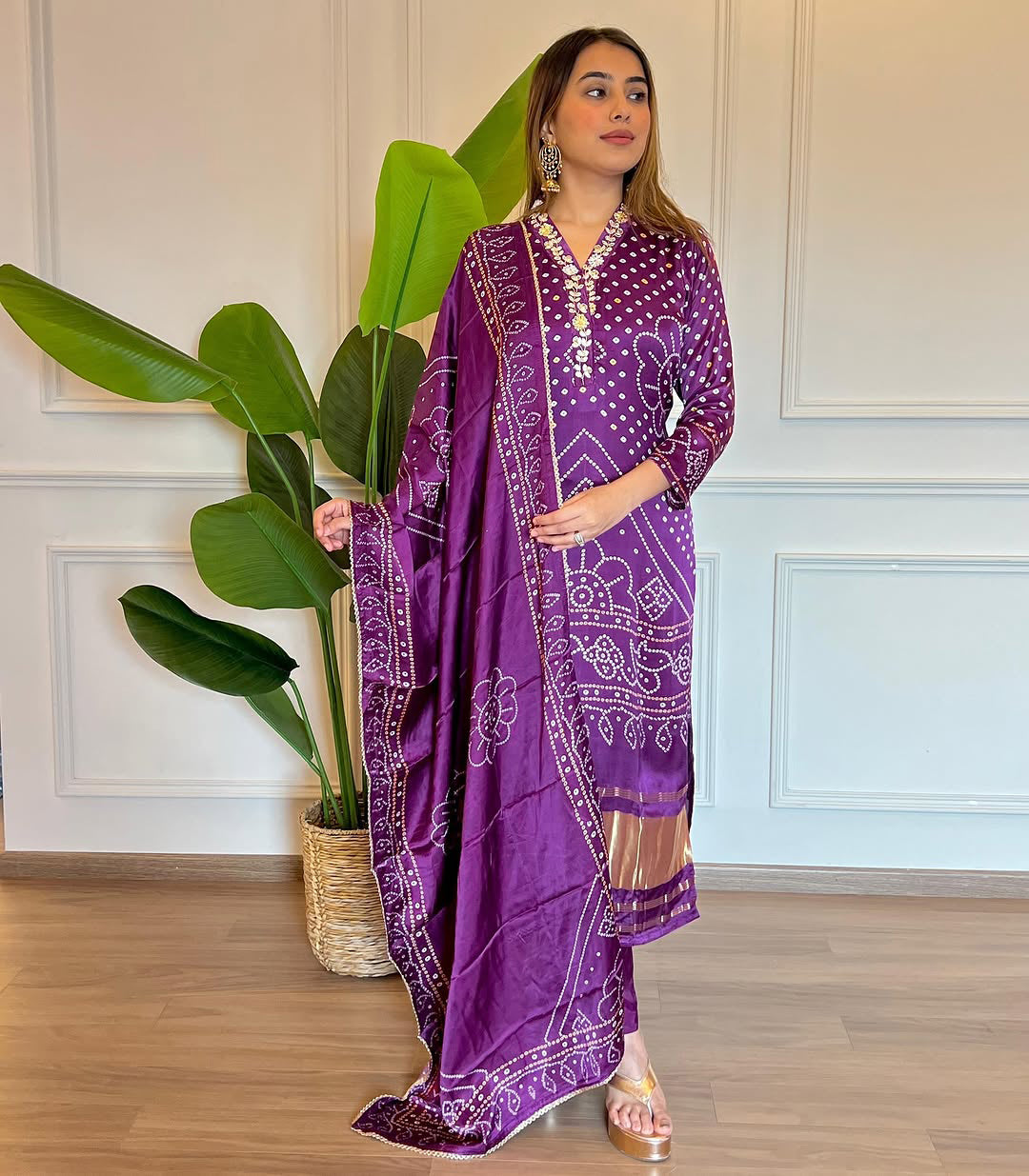TRENDBUY model showcasing the purple Bandhani viscose kurti set with chanderi dupatta and cotton pant, front view.