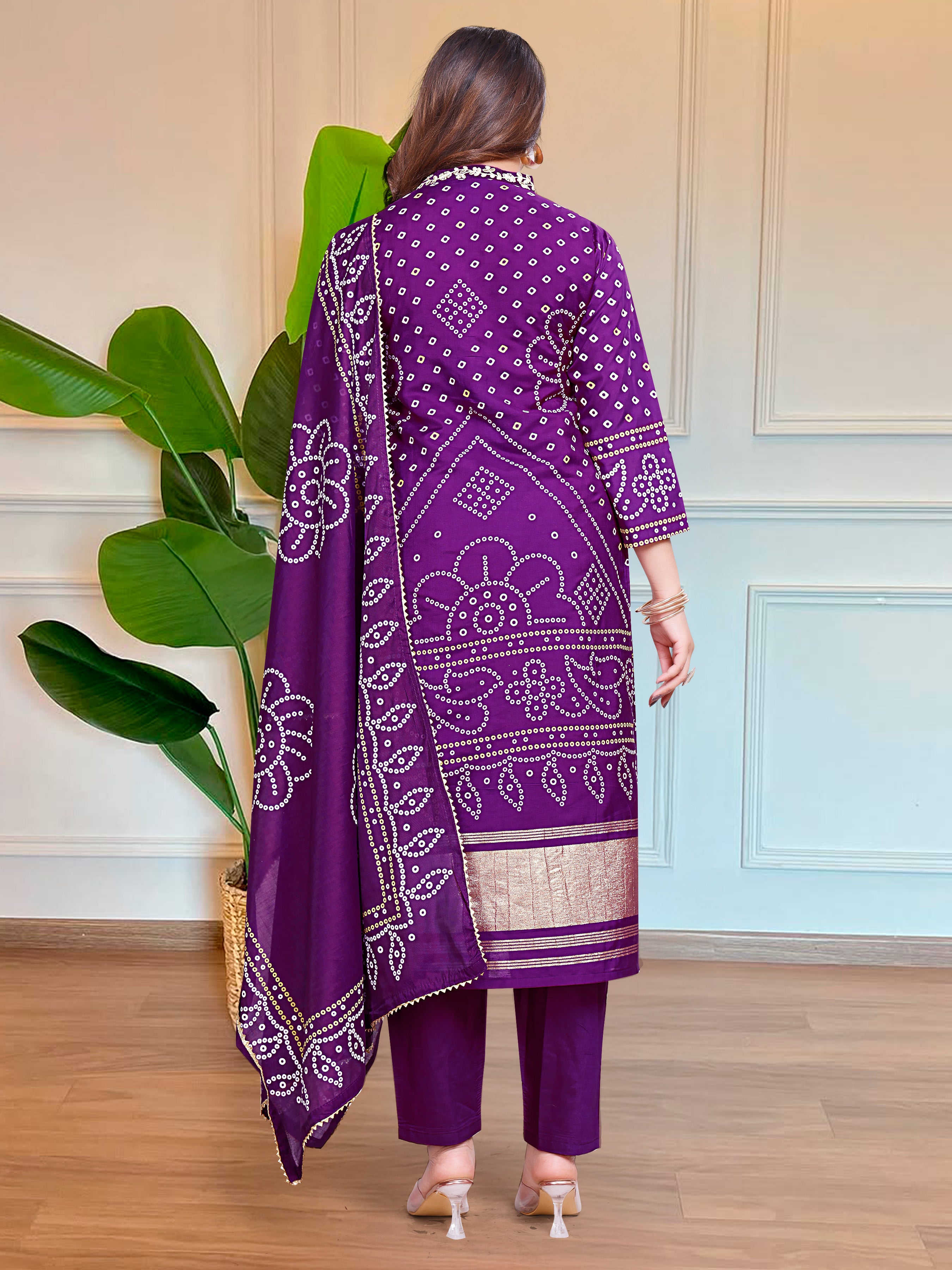 Back view of the TRENDBUY purple Bandhani kurti set, highlighting the print details and comfortable fit.