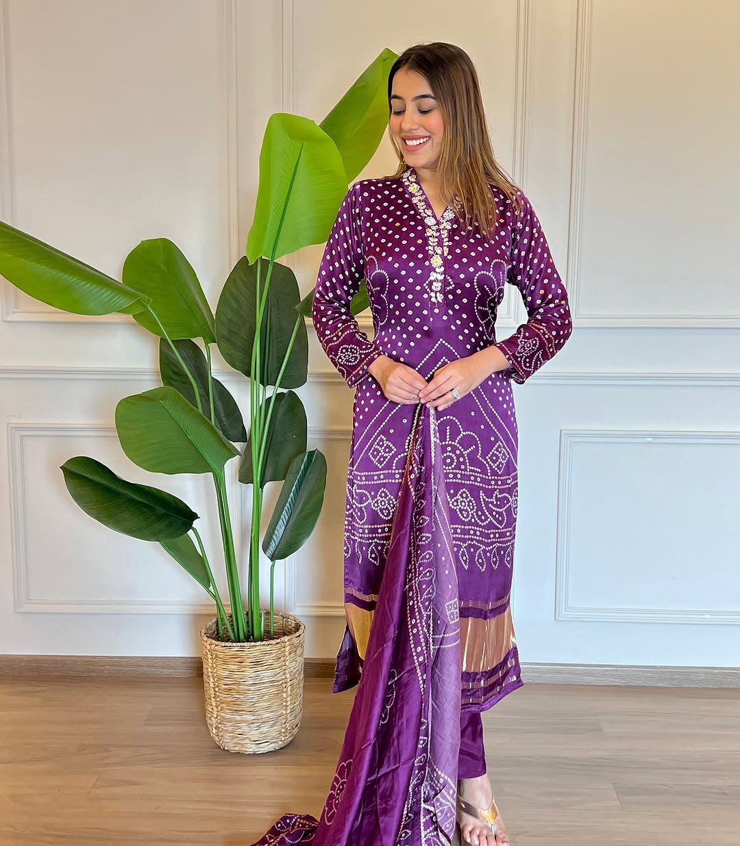 Model posing confidently in the TRENDBUY purple viscose kurti set, showing the full ensemble.