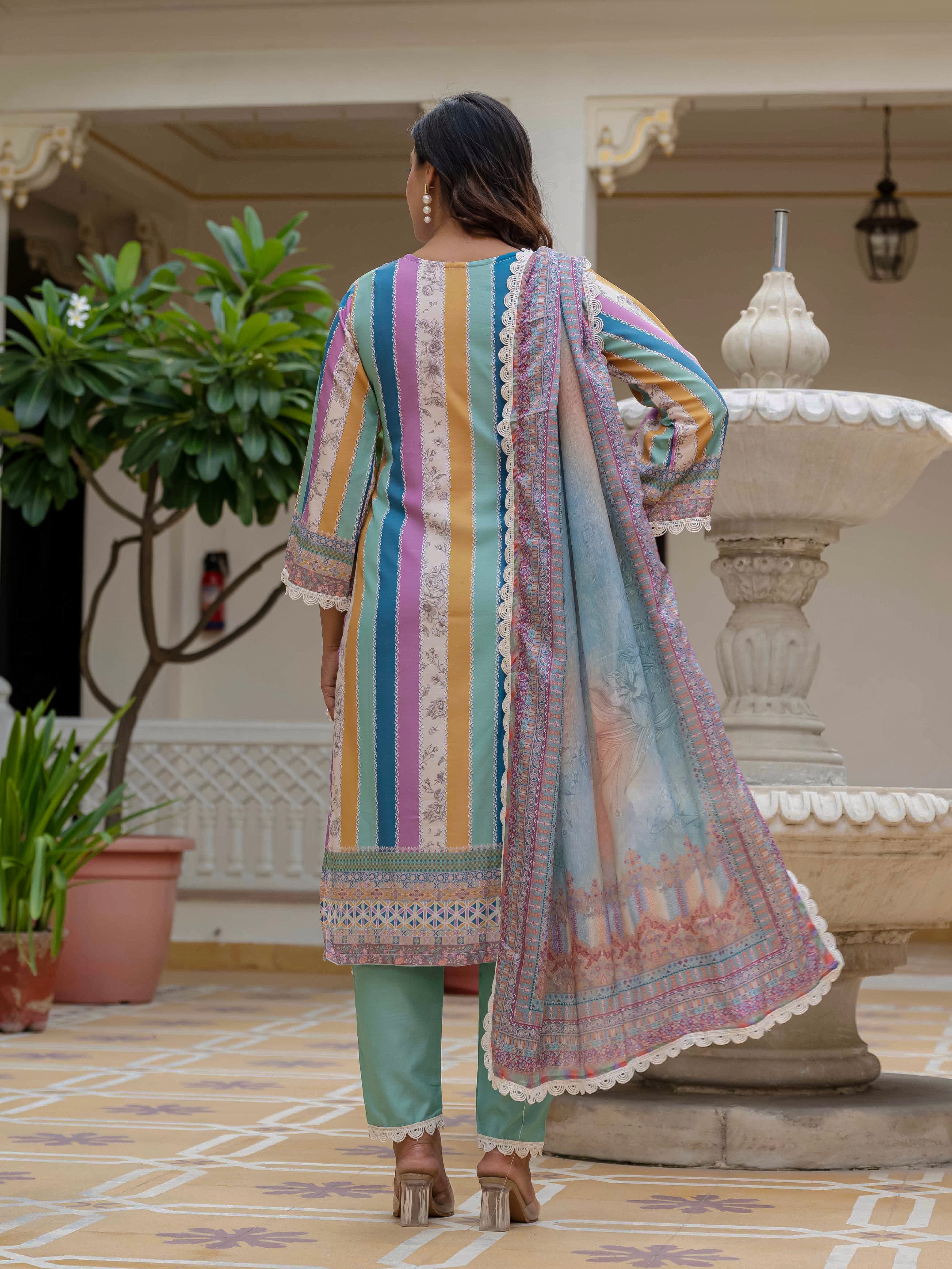Back view of model wearing Laila Sky Kurta Set, showing the matching sky blue pants and beautifully printed chinon dupatta.
