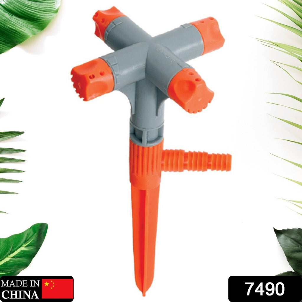 7490 Garden Sprinkler with 3 rotating arms actively watering a green lawn.