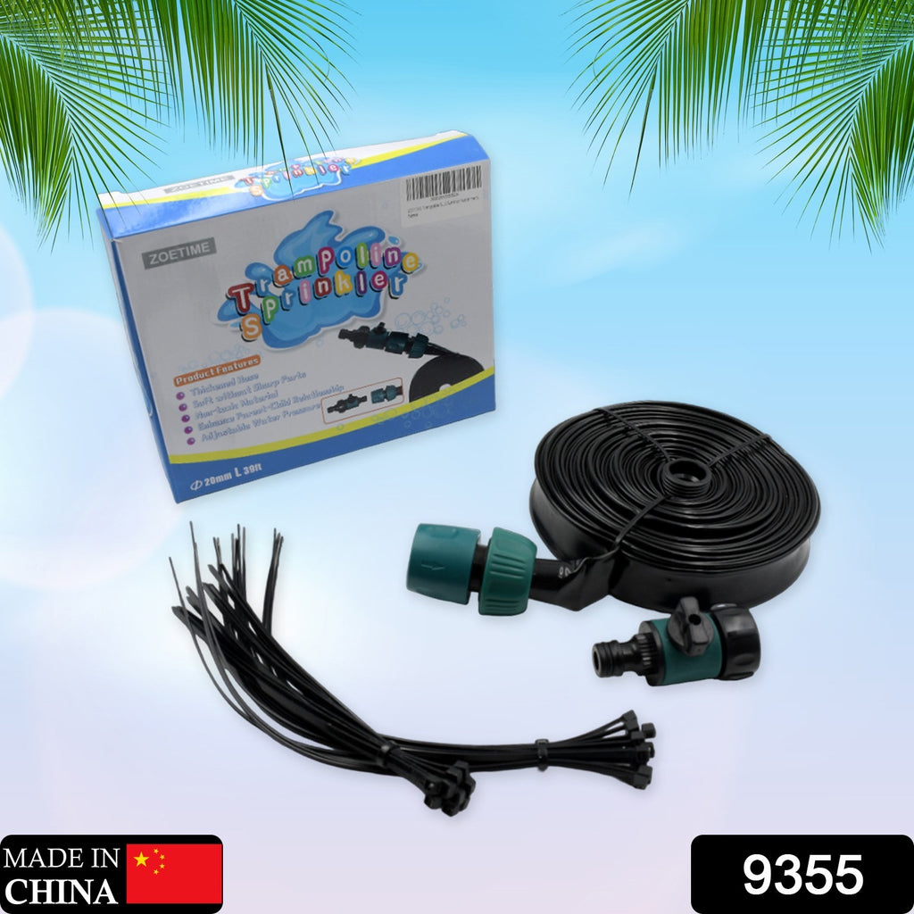 Kids enjoy summer water play on a trampoline with the 39ft outdoor water sprinkler accessory.