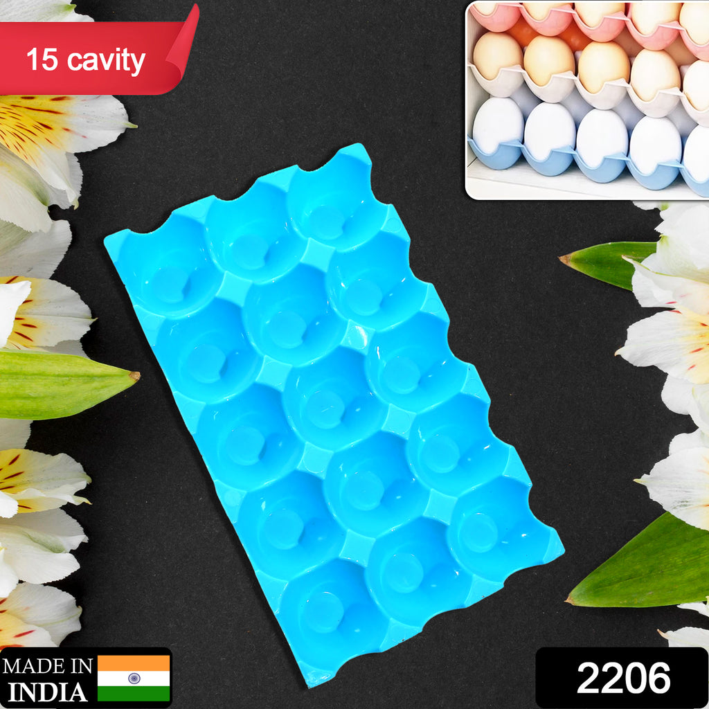 Clear plastic 15-egg tray for refrigerator storage, filled with eggs