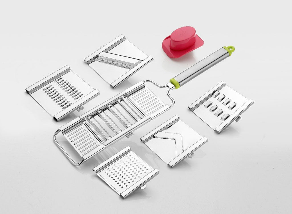 Stainless steel 6-in-1 kitchen chips chopper, cutter, slicer, grater with handle and interchangeable blades.
