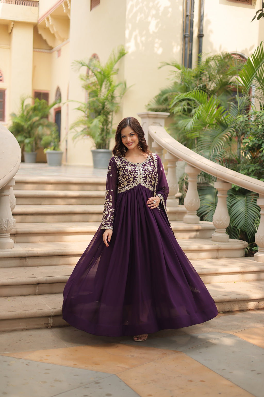 Elegant wine Anarkali outfit, Karva Chauth inspired, for Indian women.