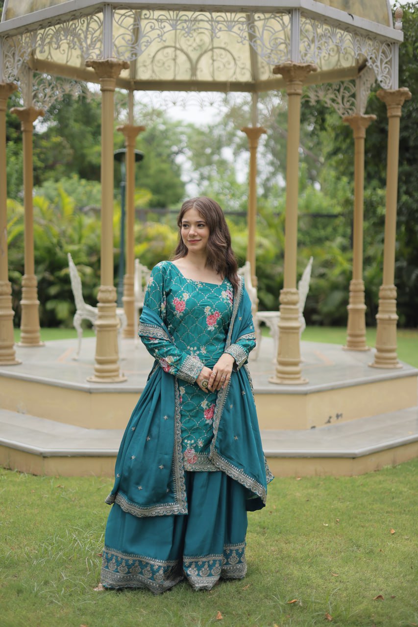 Latest Designer Teal Sharara Suit For Girls