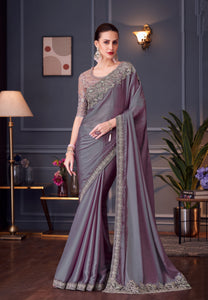 Lavender Embroidered Chiffon Saree Set | TRENDBUY