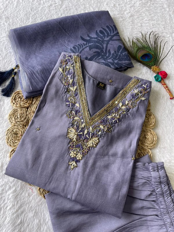 Elegant lavender kurti with intricate handwork embroidery for women.