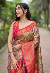 Exclusive Rose Gold Dharmavaram Silk Saree with Intricate Zari Weaving