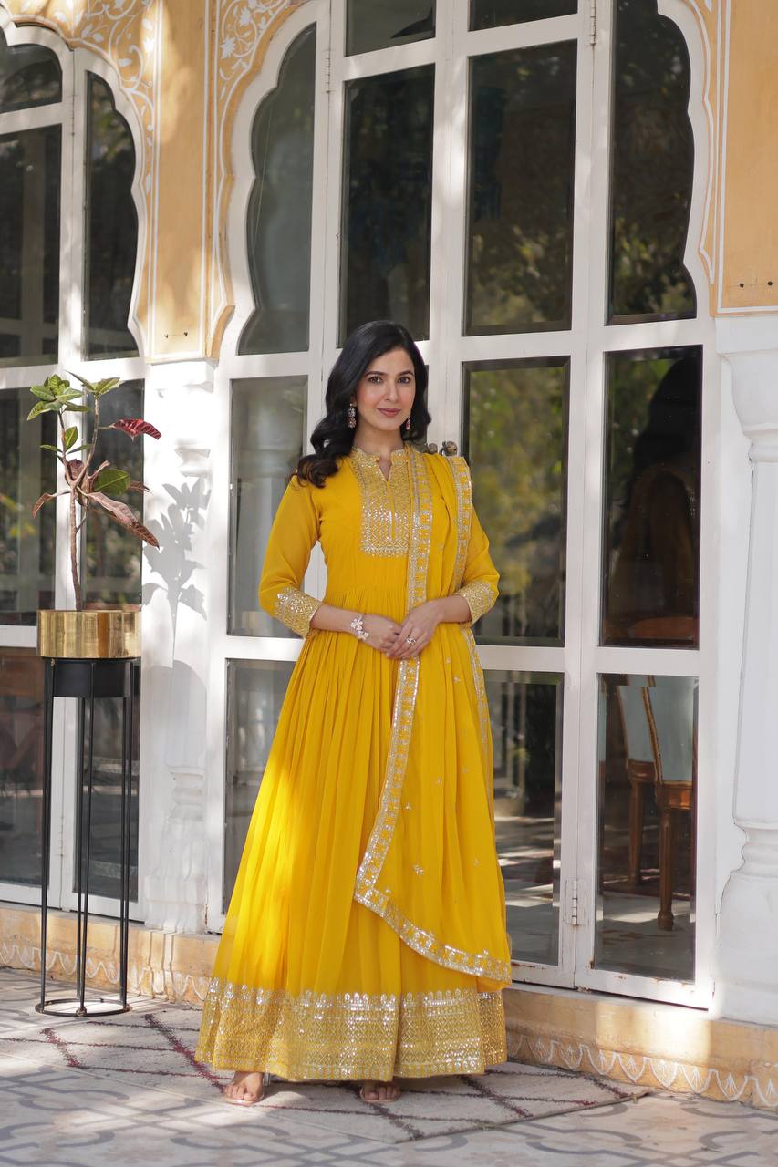 Latest Yellow Anarkali Gown With Pant & Dupatta Set