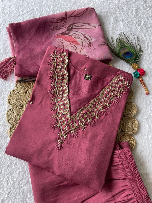 Light magenta kurti with intricate handwork embroidery