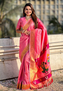 Light Pink Soft Silk Vitthala Paithani | TRENDBUY